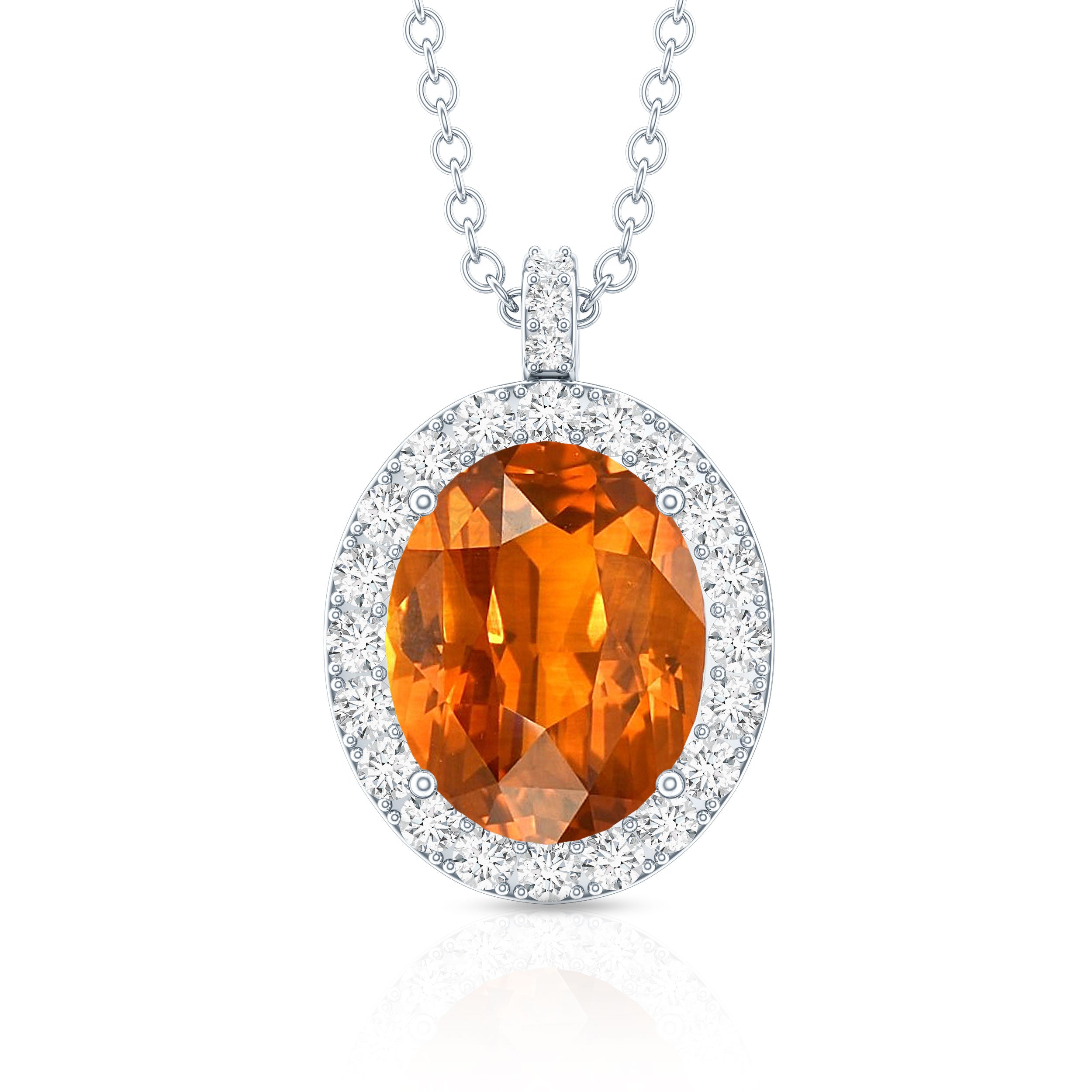 Oval Created Orange Sapphire and Diamond Halo Pendant AAAA - Rosec Jewels