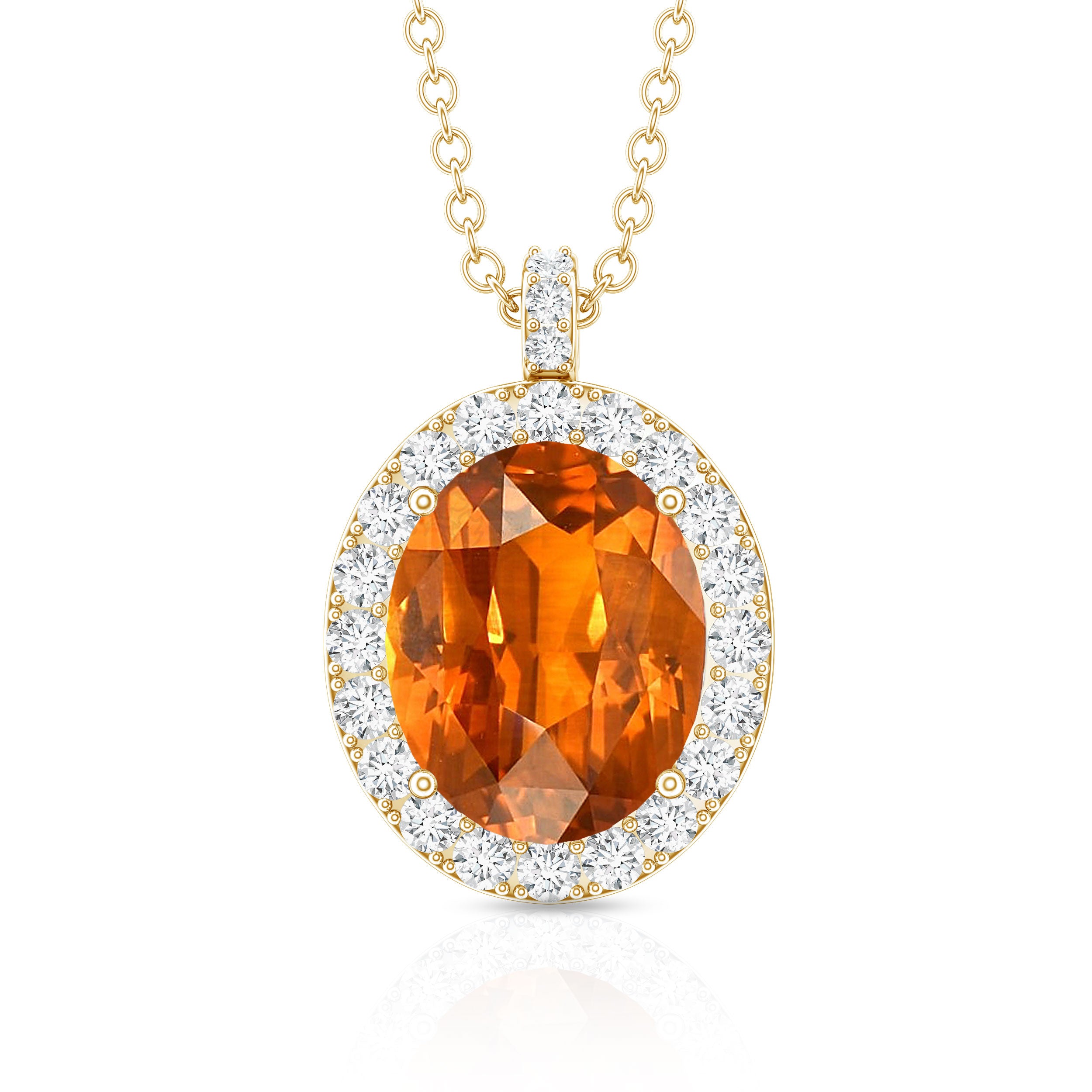 Oval Created Orange Sapphire and Diamond Halo Pendant AAAA - Rosec Jewels