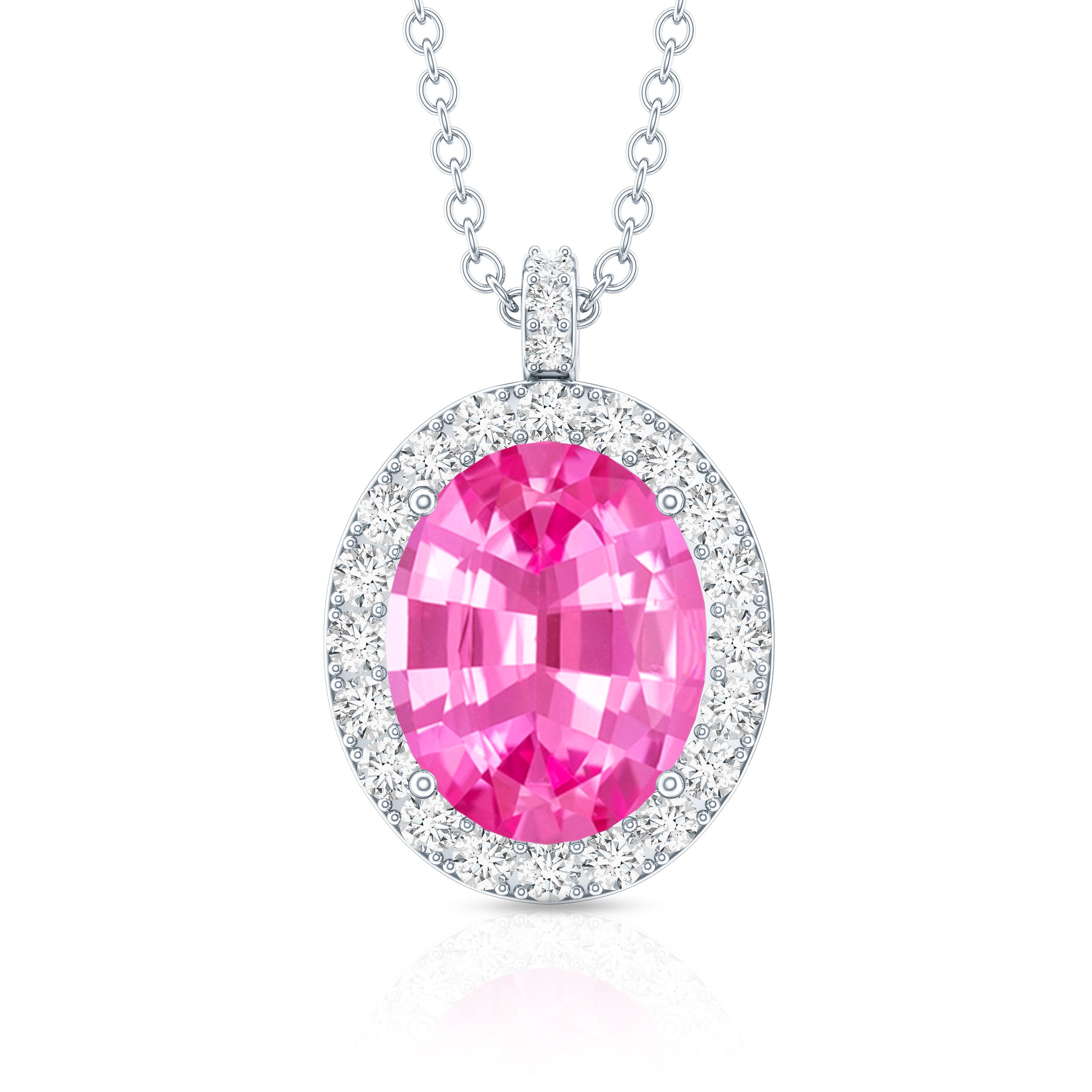 4 Carat Oval Lab Created Pink Sapphire Necklace with Diamonds AAAA - Rosec Jewels