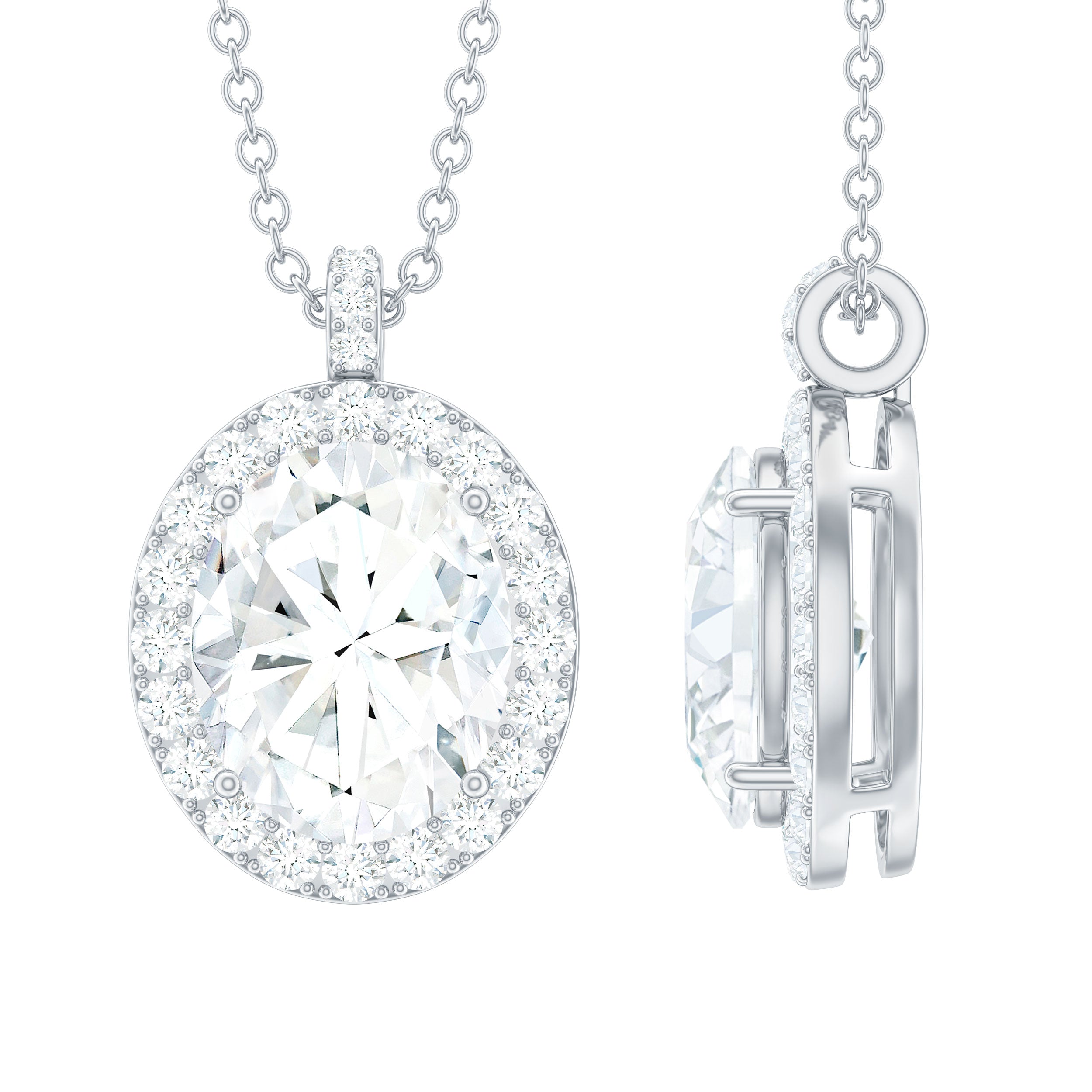 Certified 8X10 MM Oval Cubic Zirconia Halo Pendant with Chain