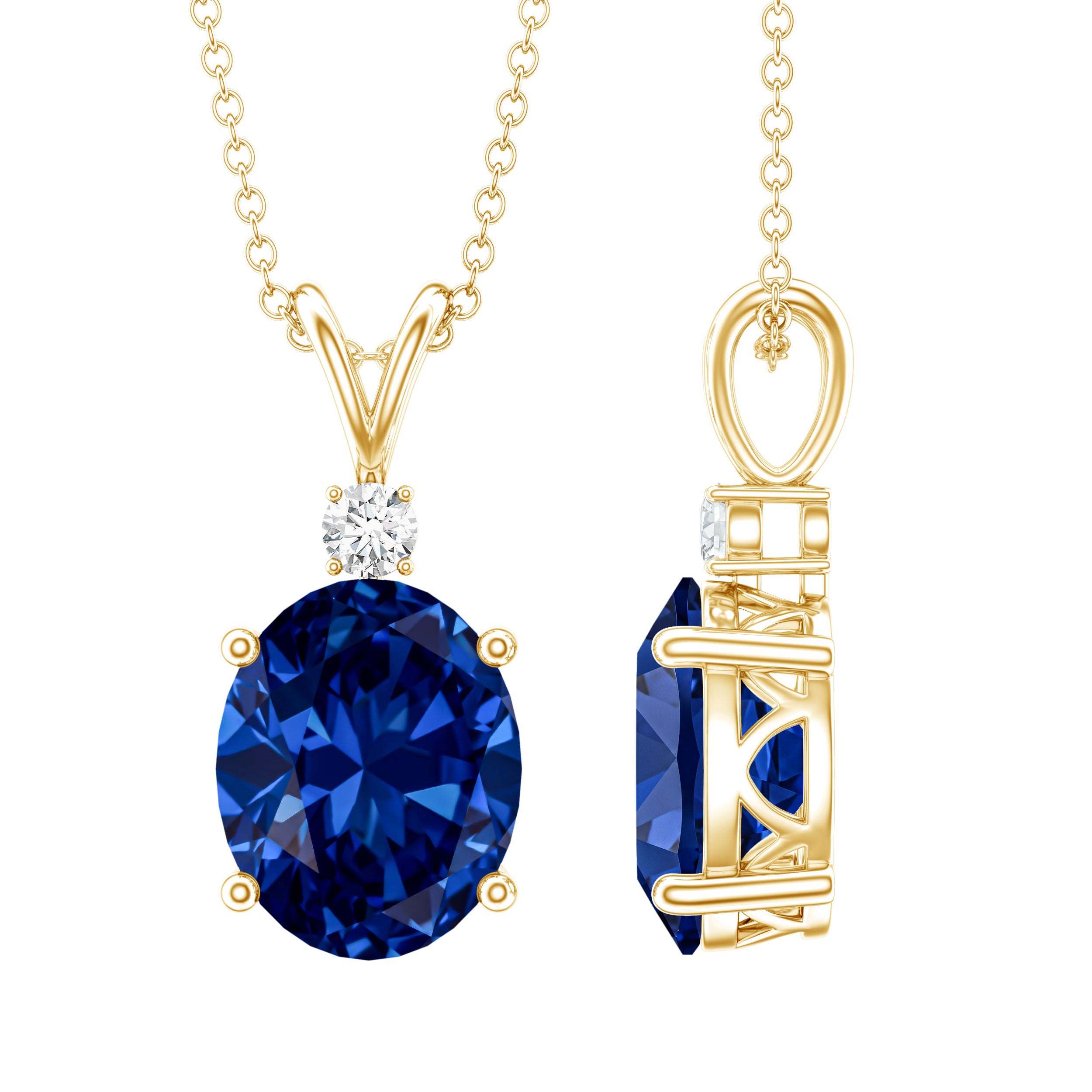 Certified Oval Lab Created Blue Sapphire Necklace with Chain AAAA - Rosec Jewels