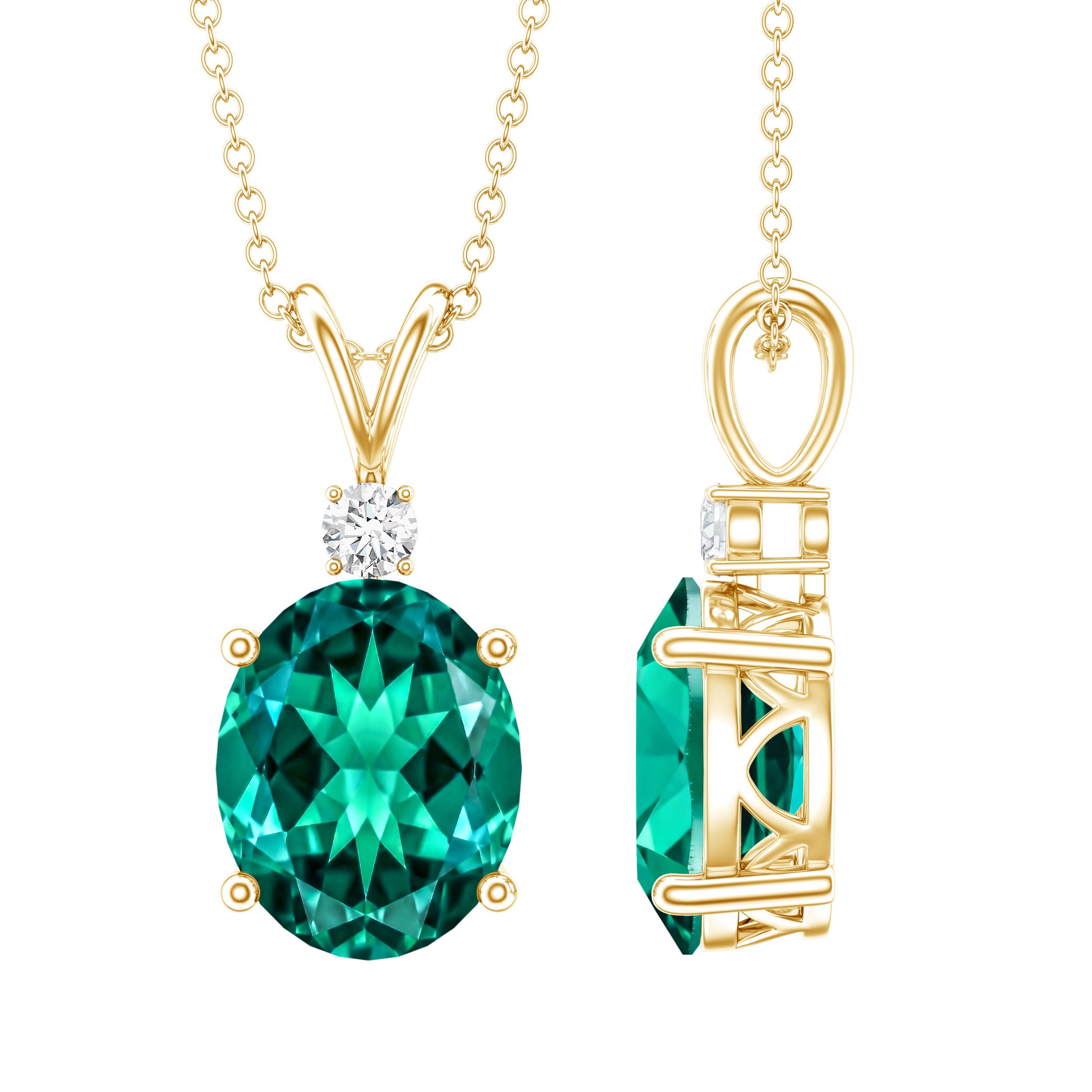 Oval Created Emerald and Moissanite Solitaire Pendant AAAA - Rosec Jewels