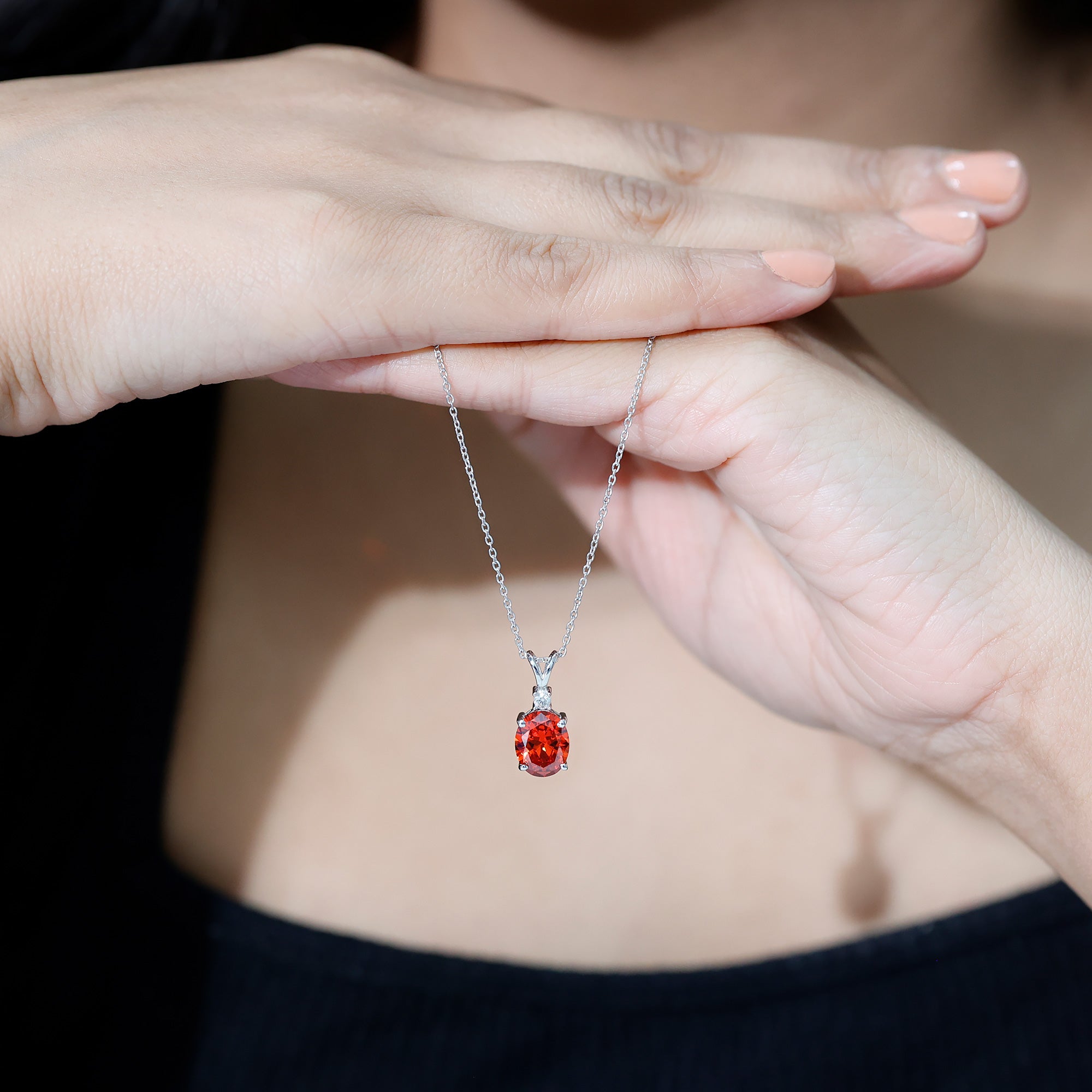 Oval Lab Created Orange Sapphire Solitaire Necklace with Chain AAAA - Rosec Jewels