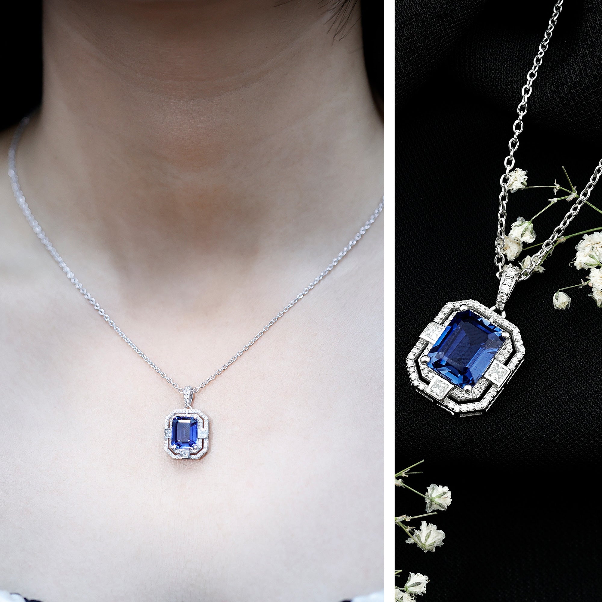 8x10mm Emerald Cut Lab Created Blue Sapphire Vintage Necklace with Diamond AAAA - Rosec Jewels