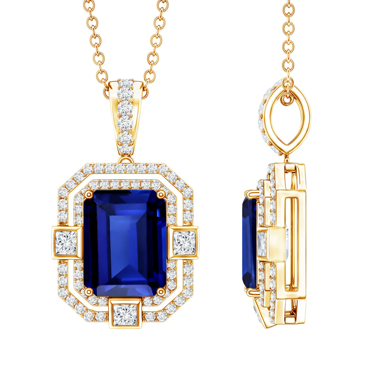 2.7 Carat Emerald Cut Lab Created Blue Sapphire Vintage Necklace with Diamond AAAA - Rosec Jewels
