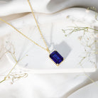 9 Carat Lab Grown Blue Sapphire Emerald Cut Necklace with Diamond AAAA - Rosec Jewels