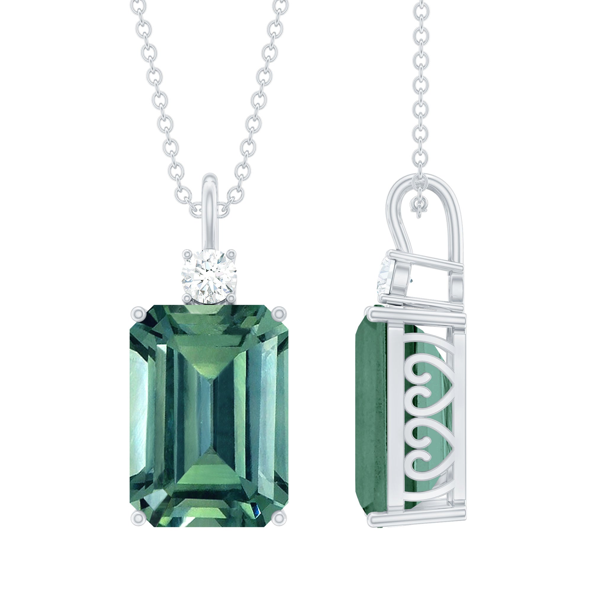 Emerald Cut Solitaire Created Green Sapphire Pendant with Moissanite