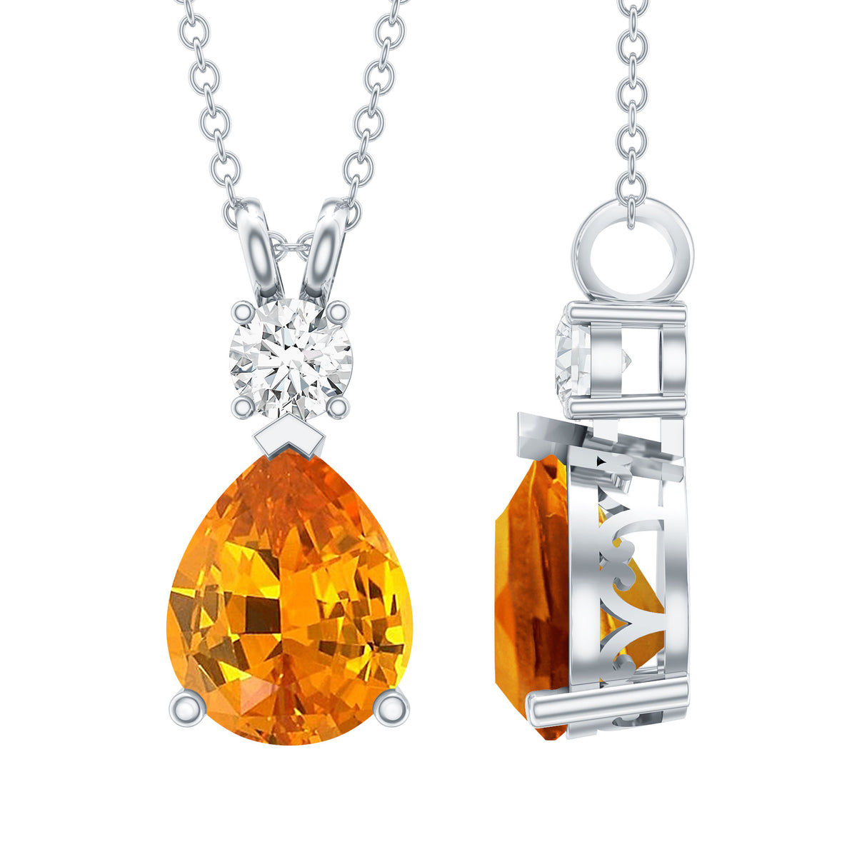 3.3 Carat Lab Created Orange Sapphire Teardrop Necklace with Diamond AAAA - Rosec Jewels