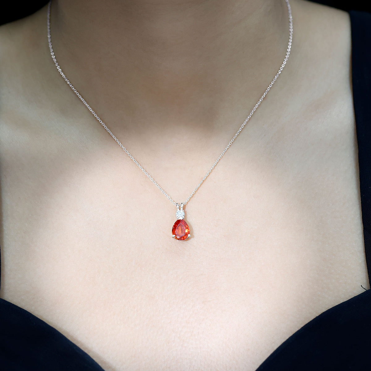 3.3 Carat Lab Created Orange Sapphire Teardrop Necklace with Diamond AAAA - Rosec Jewels