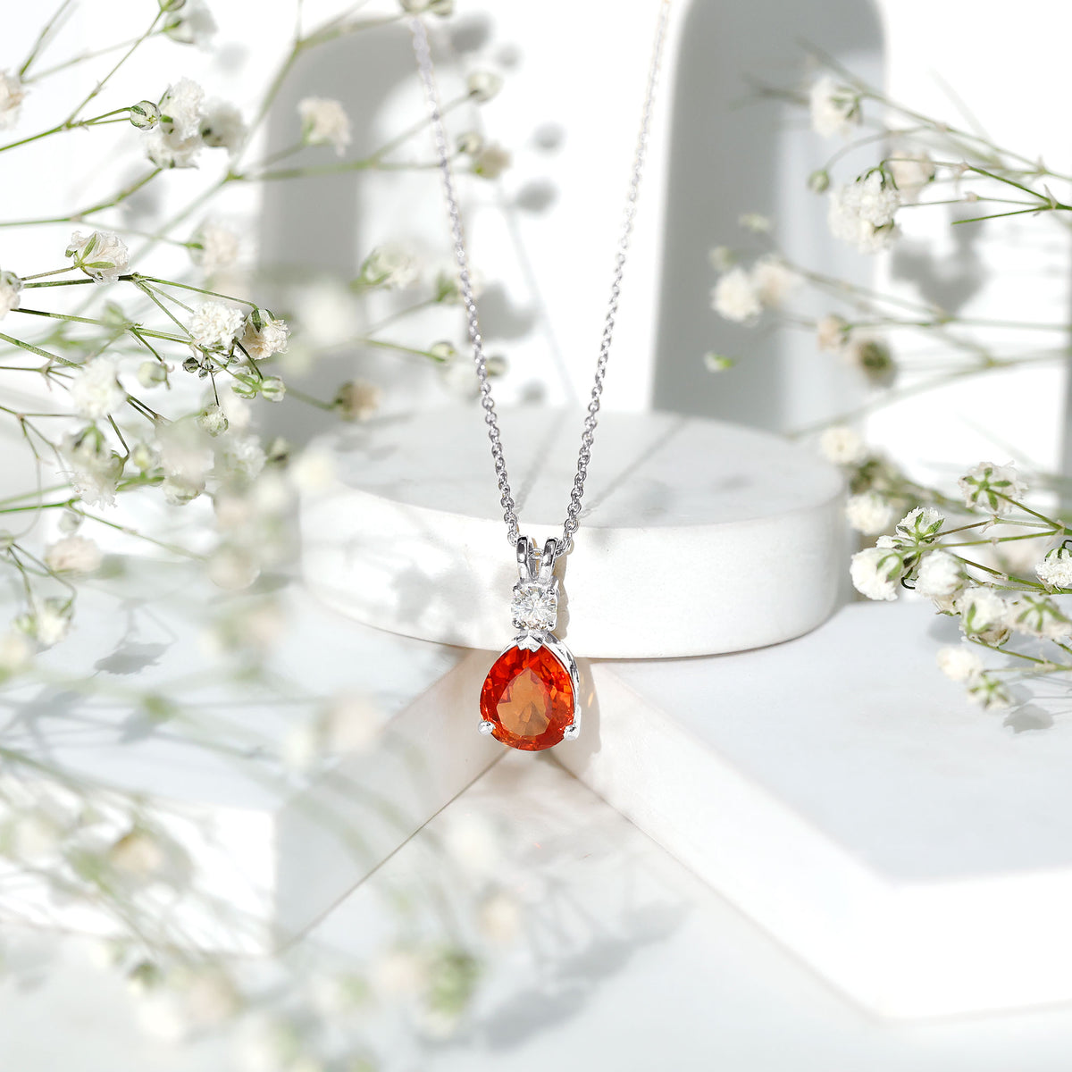 3.3 Carat Lab Created Orange Sapphire Teardrop Necklace with Diamond AAAA - Rosec Jewels