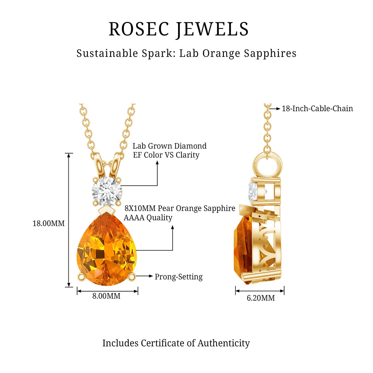 3.3 Carat Lab Created Orange Sapphire Teardrop Necklace with Diamond AAAA - Rosec Jewels