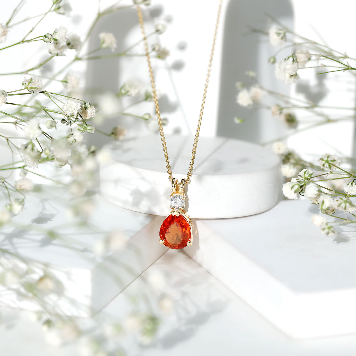 3.3 Carat Lab Created Orange Sapphire Teardrop Necklace with Diamond AAAA - Rosec Jewels