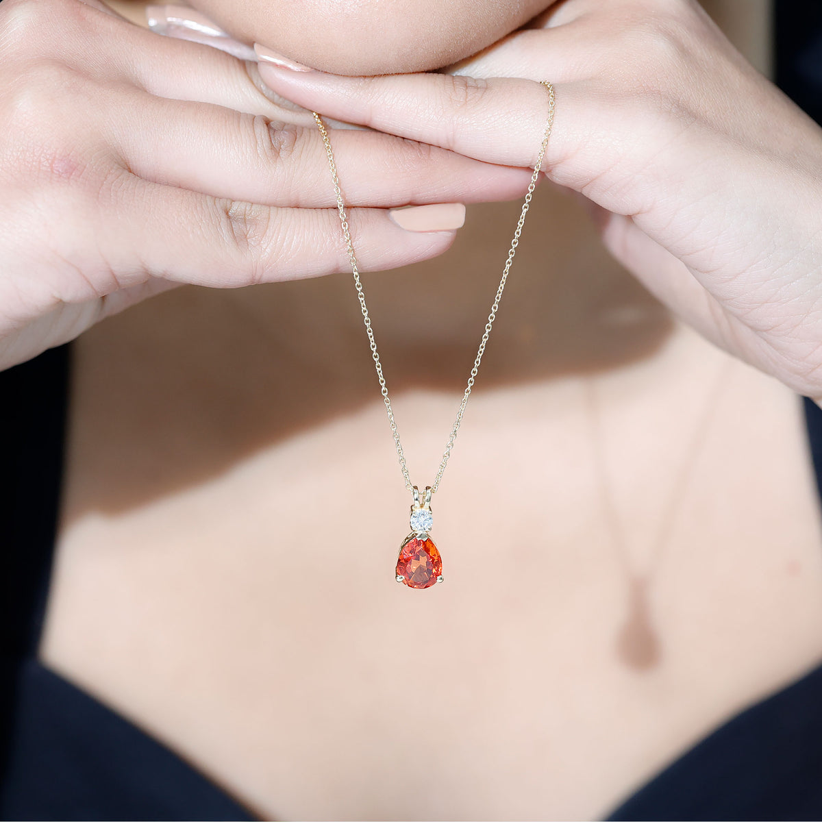 3.3 Carat Lab Created Orange Sapphire Teardrop Necklace with Diamond AAAA - Rosec Jewels