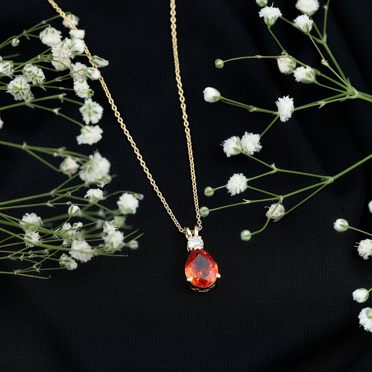 3.3 Carat Lab Created Orange Sapphire Teardrop Necklace with Diamond AAAA - Rosec Jewels