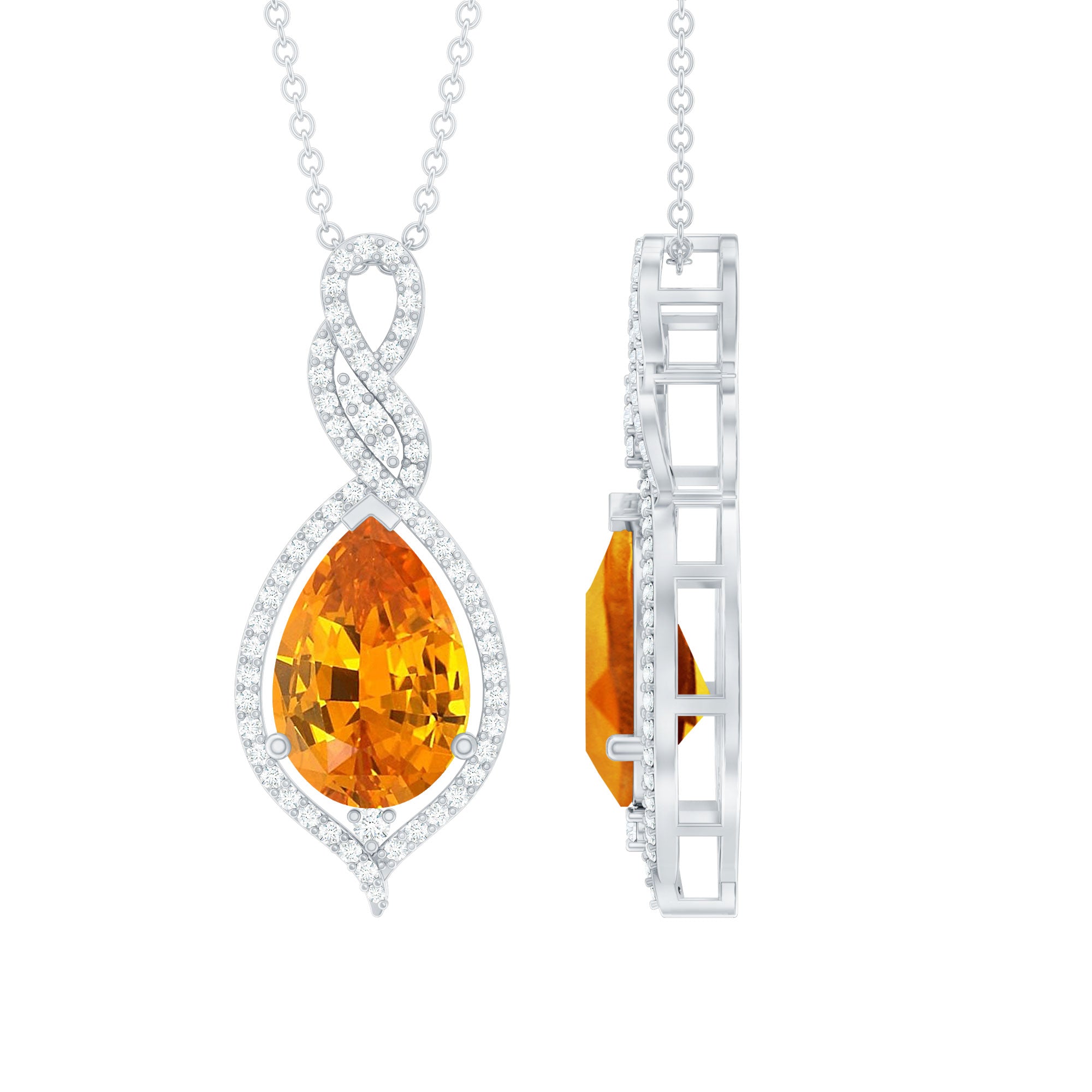 Created Orange Sapphire and Diamond Teardrop Dangle Pendant