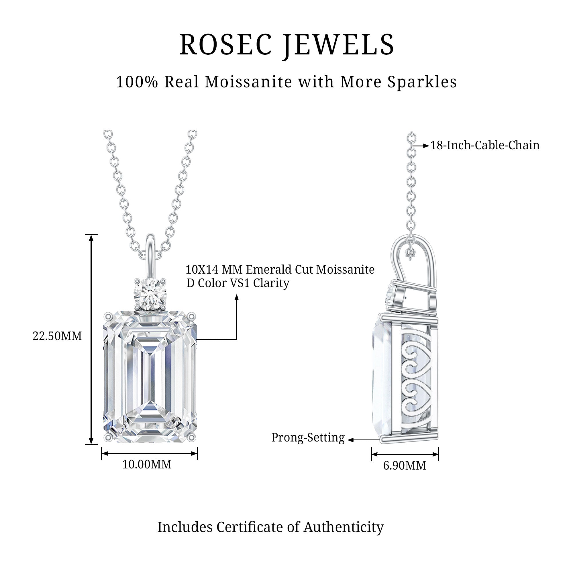 Certified 4.5 Carat Emerald Cut Moissanite Pendant for Women D-VS1 - Rosec Jewels