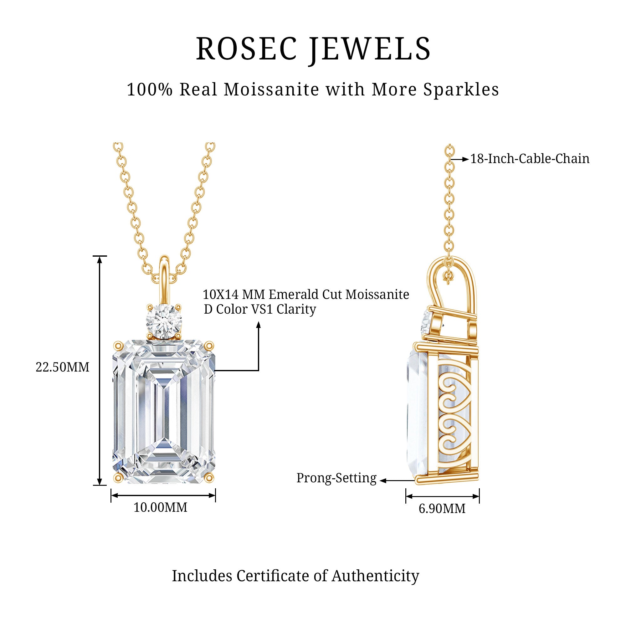 Certified 4.5 Carat Emerald Cut Moissanite Pendant for Women D-VS1 - Rosec Jewels