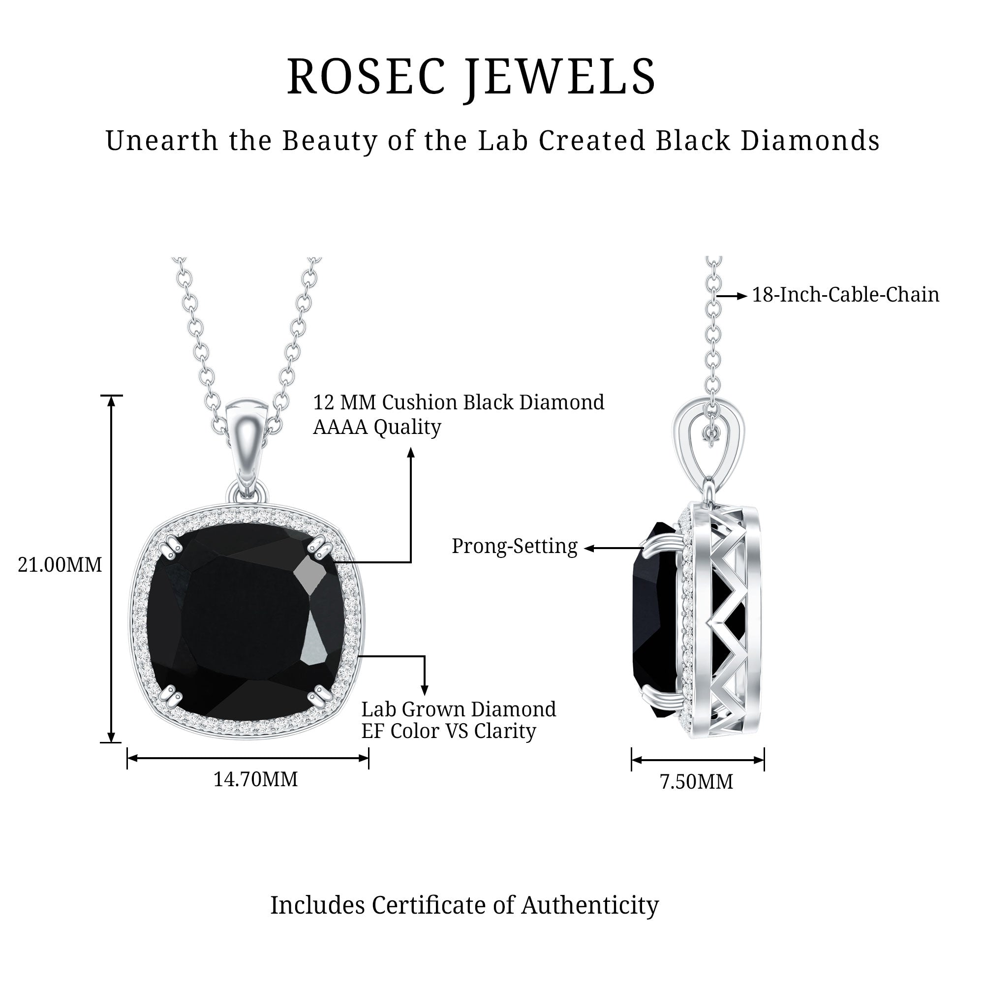 6 Carat Cushion Cut Lab Grown Black and White Diamond Halo Necklace AAAA ( Synthetic ) - Rosec Jewels