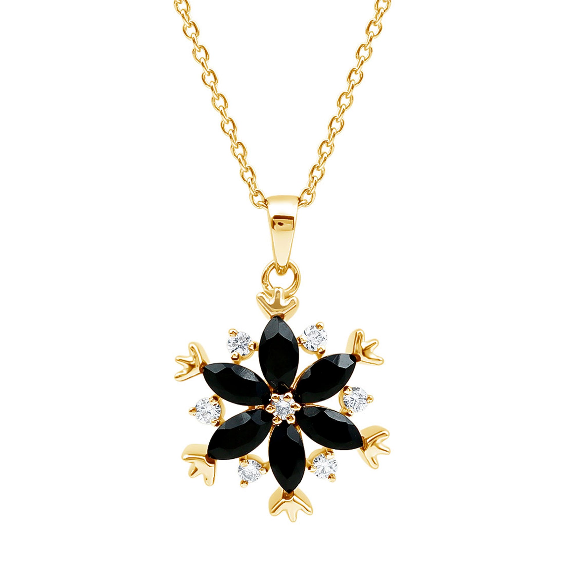 Certified Black Spinel and Diamond Flower Necklace with Silver Chain