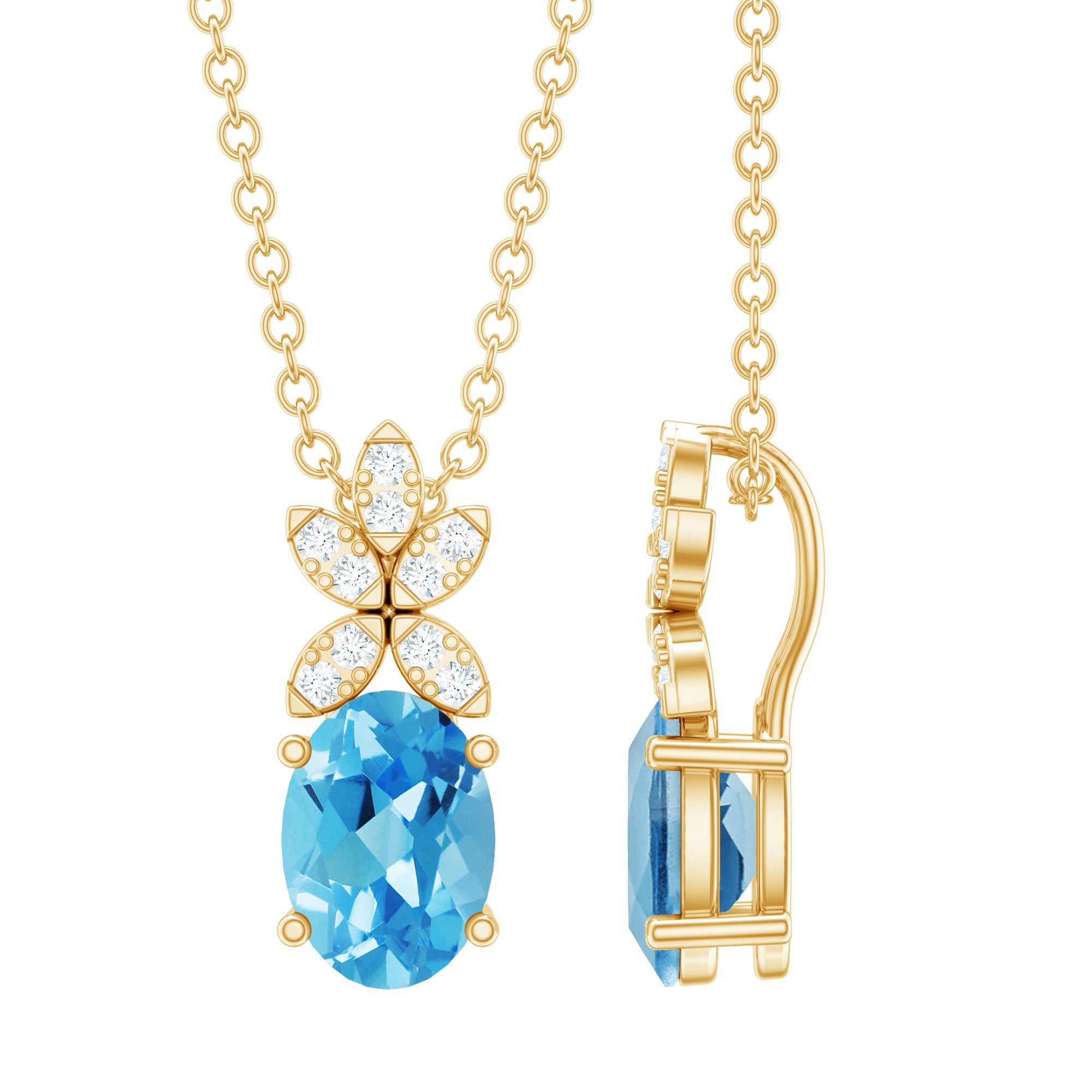 Oval Swiss Blue Topaz and Diamond Flower Necklace with Chain