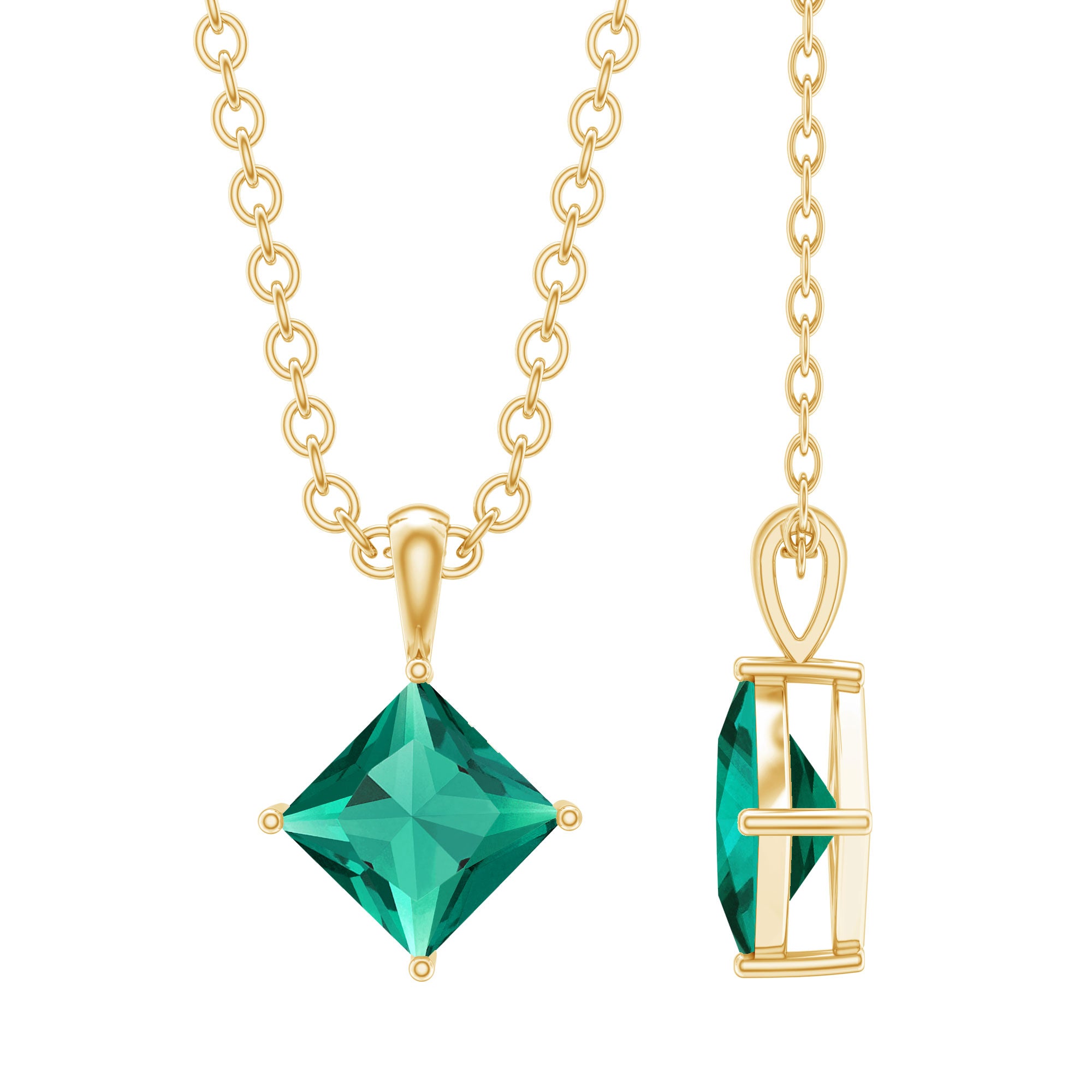 Rosec Jewels-Princess Cut Lab Grown Emerald Solitaire Pendant Necklace with Chain