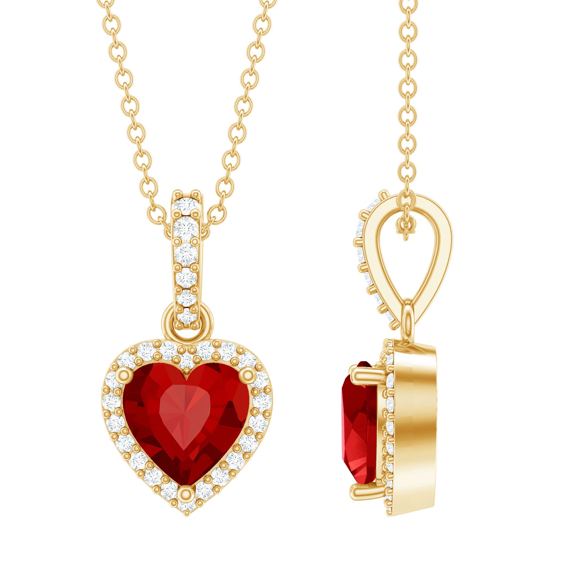 Certified Lab Created Ruby Heart Necklace with Diamond Halo