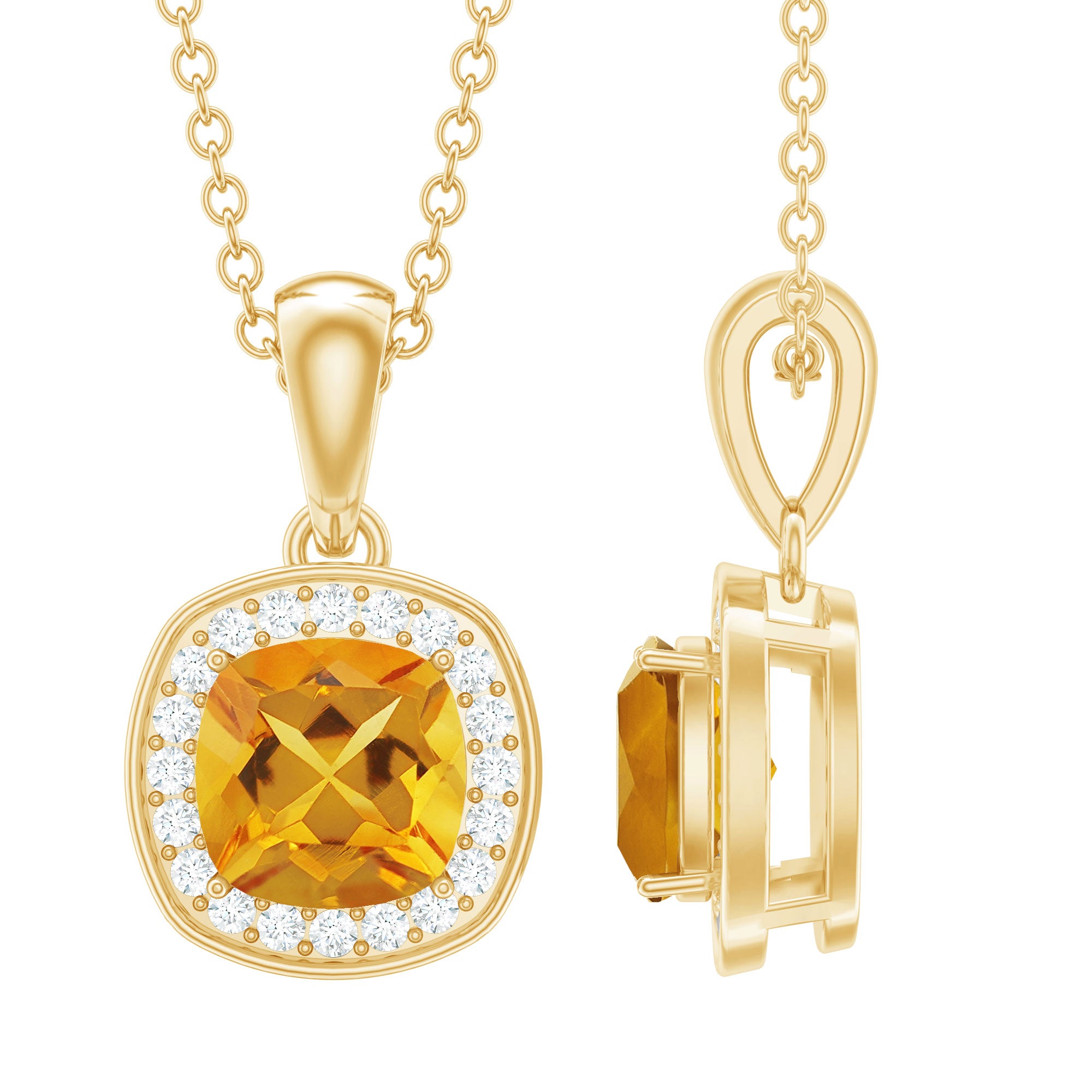 Citrine and Diamond Halo Necklace with Yellow Gold Plated Silver Chain
