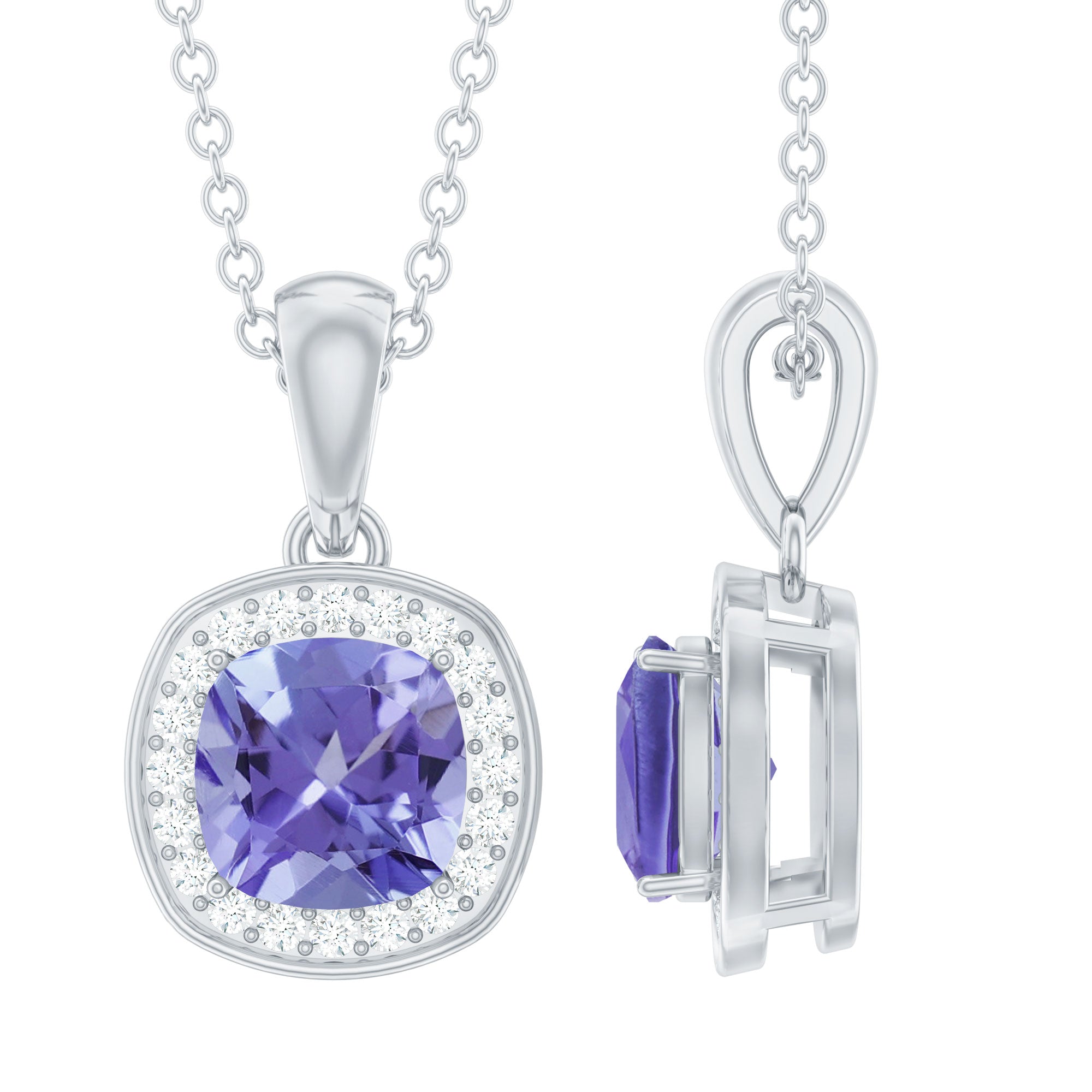 Cushion Cut 6 MM Tanzanite Necklace with Lab Diamond Halo