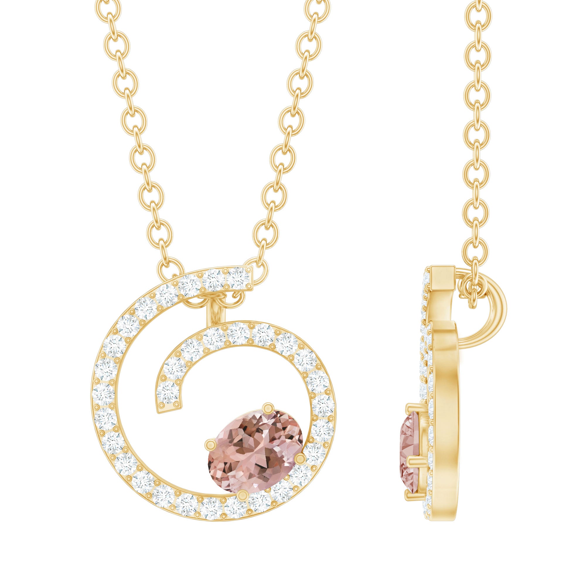 Rosec Jewels-Certified Morganite and Diamond Swirl Necklace with Silver Chain