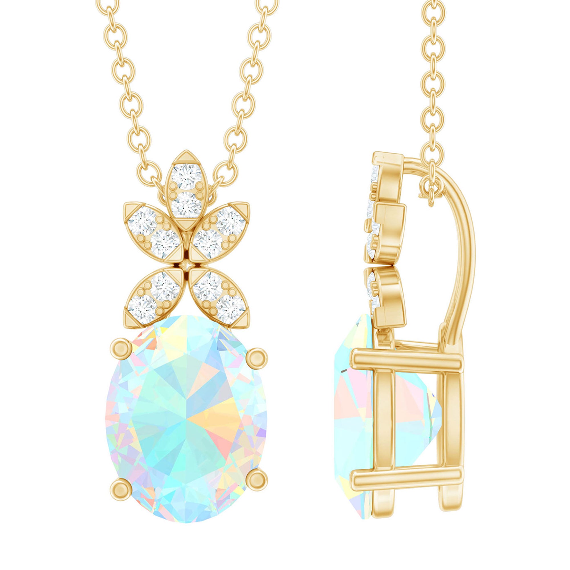 Oval Shaped Ethiopian Opal and Diamond Flower Necklace with Chain