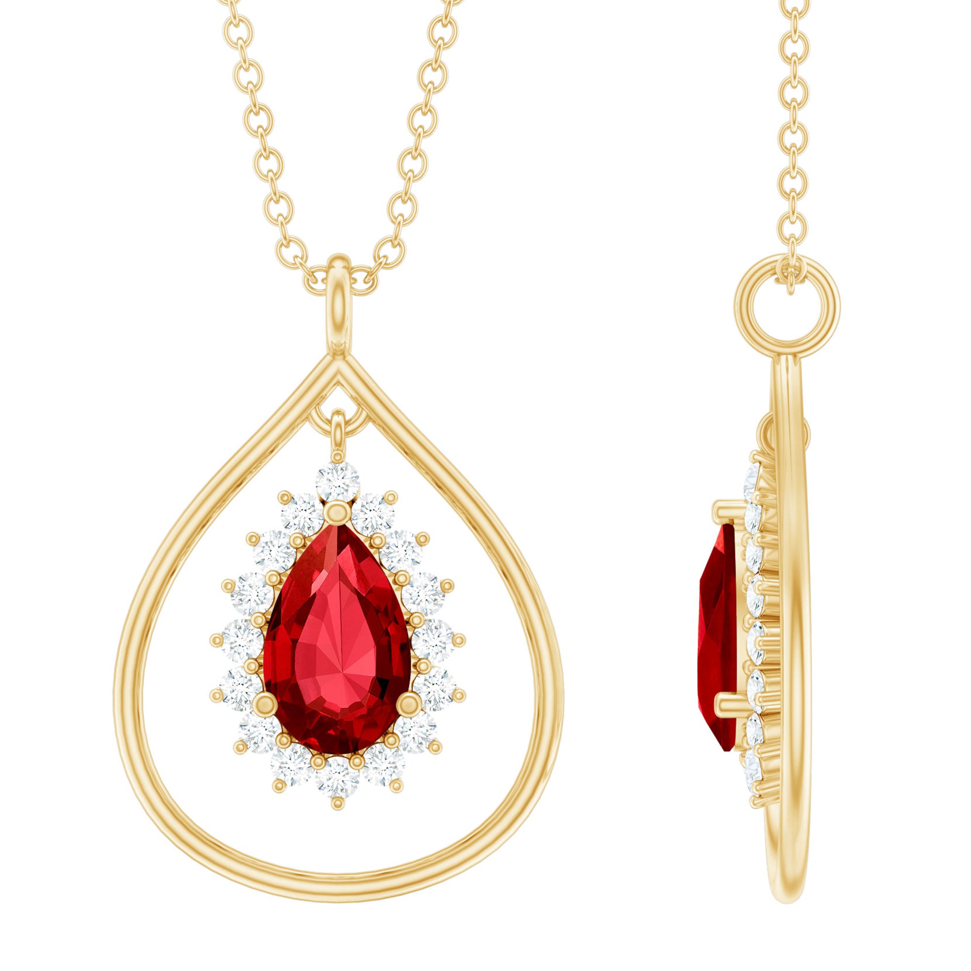 Lab Grown Ruby and Diamond Teardrop Necklace with Silver Chain