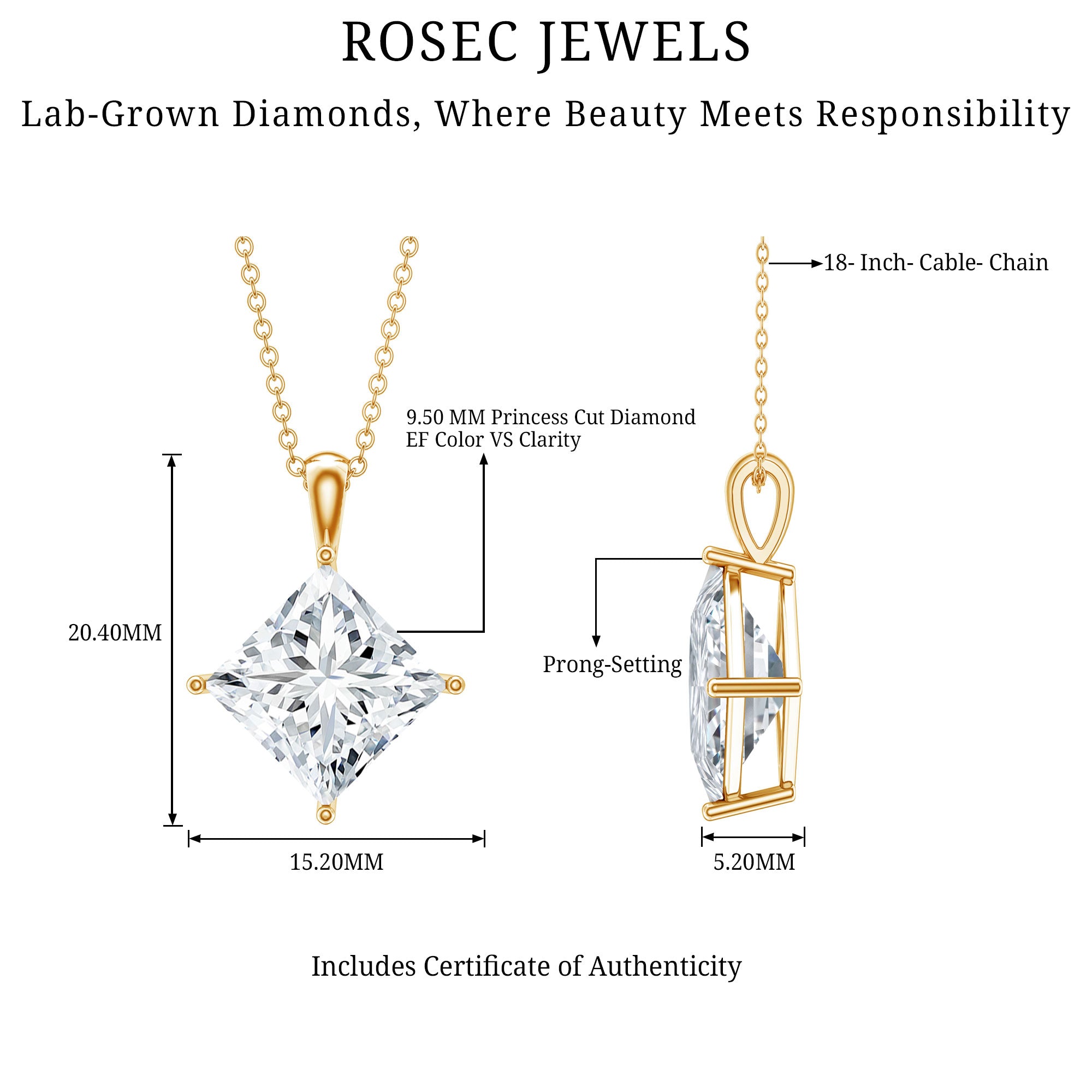 Rosec Jewels-5 Carat Lab Grown Diamond Princess Cut Solitaire Necklace IGI Certified