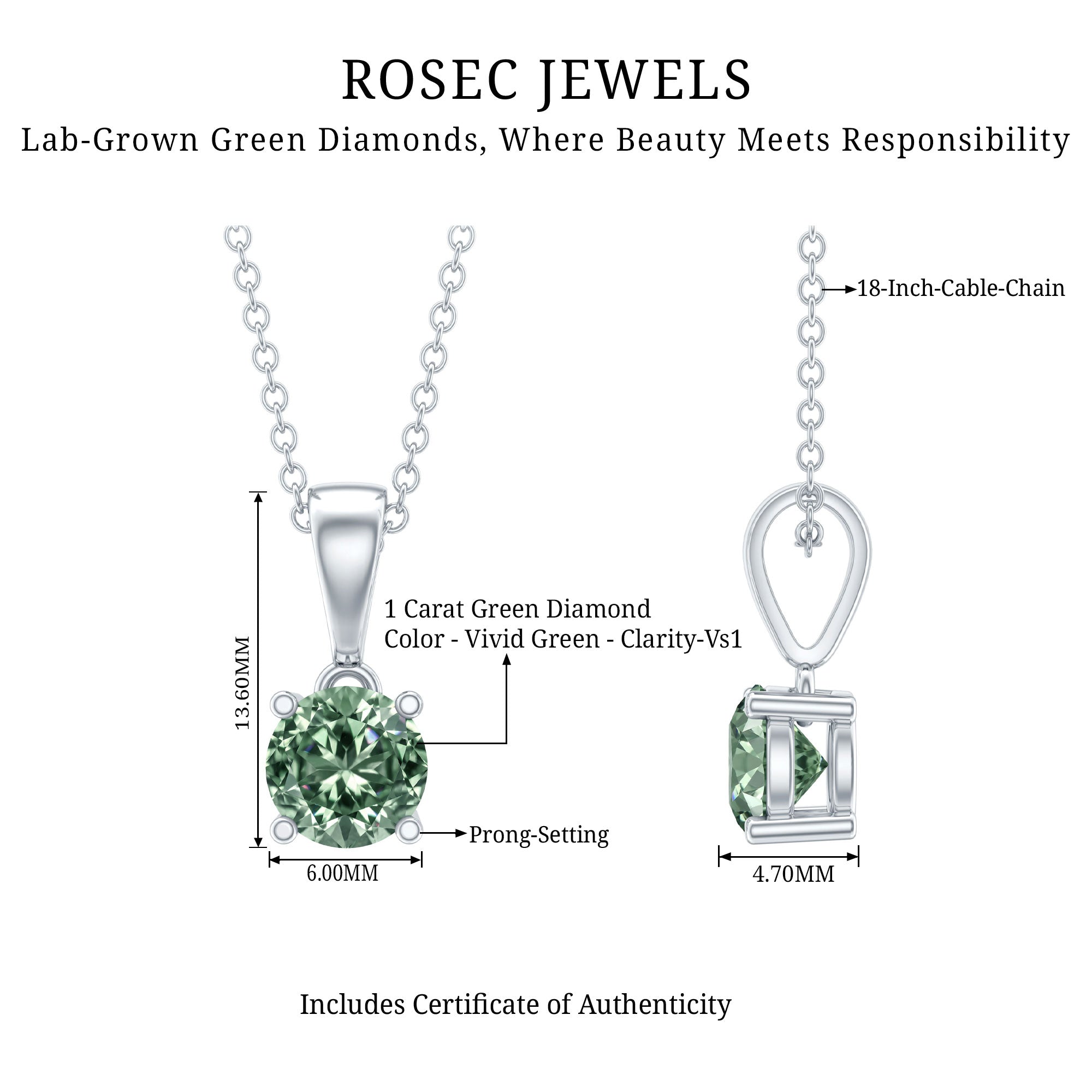 1 Carat Lab Created Vivid Green Diamond Solitaire Pendant with IGI Certificate Vivid Green - VS1 - Rosec Jewels