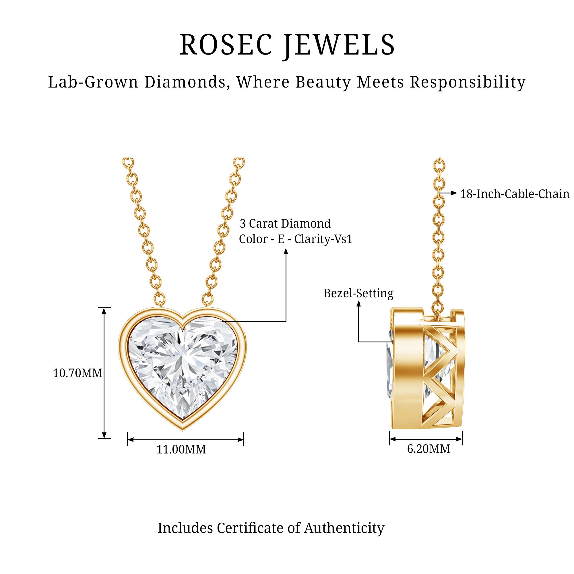 Rosec Jewels-Bezel Set 3 Carat Lab Grown Diamond Heart Necklace with IGI Certificate