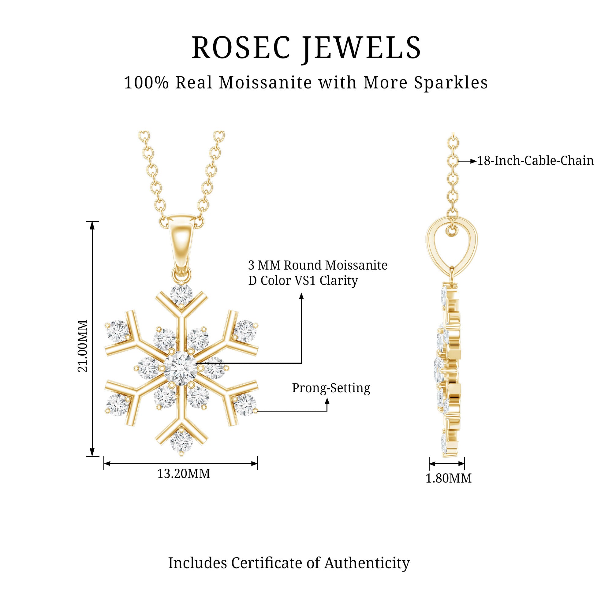 Certified Moissanite Snowflake Pendant Necklace for Women D-VS1 - Rosec Jewels