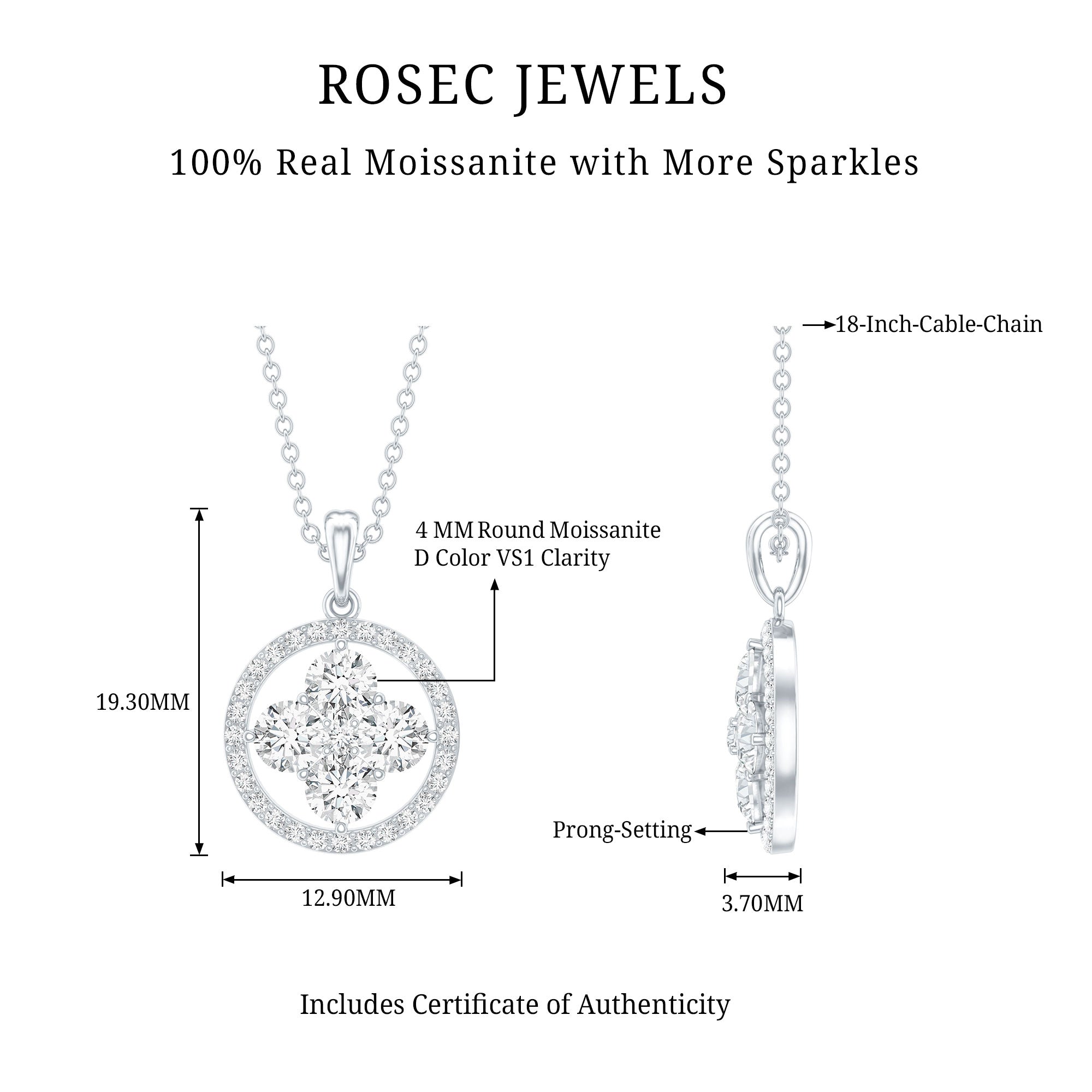 Simple Moissanite Flower Pendant with Halo D-VS1 - Rosec Jewels