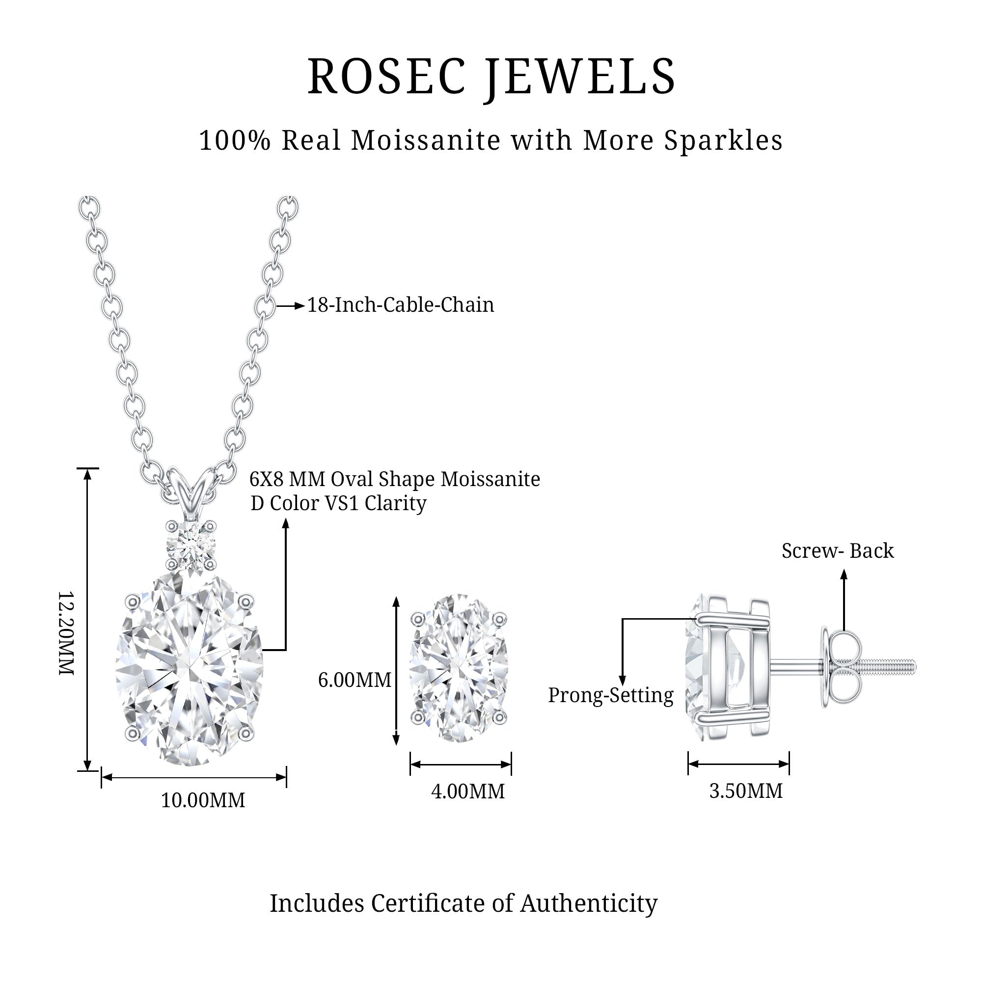 Certified 2 Carat Moissanite Oval Necklace and Earrings Set D-VS1 - Rosec Jewels
