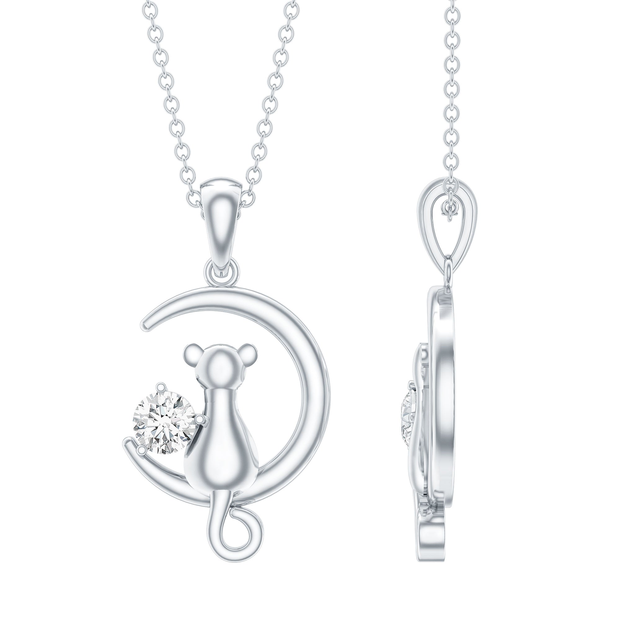 1/4 CT Certified Moissanite Cat On Moon Gold Pendant