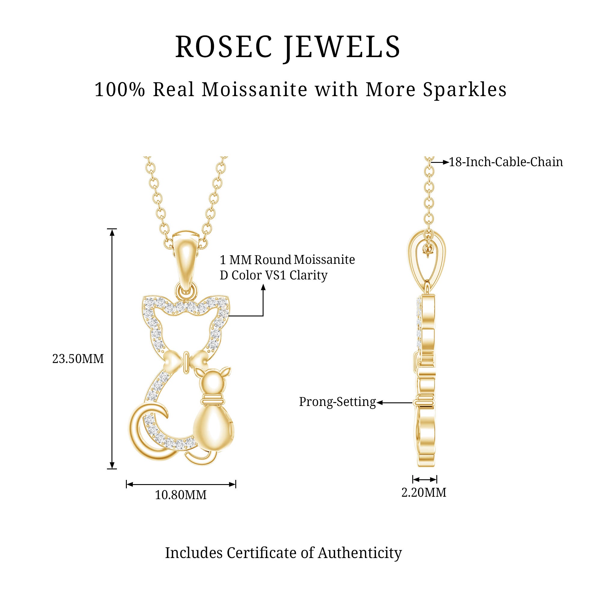 Certified Moissanite and Cat Pendant D-VS1 - Rosec Jewels