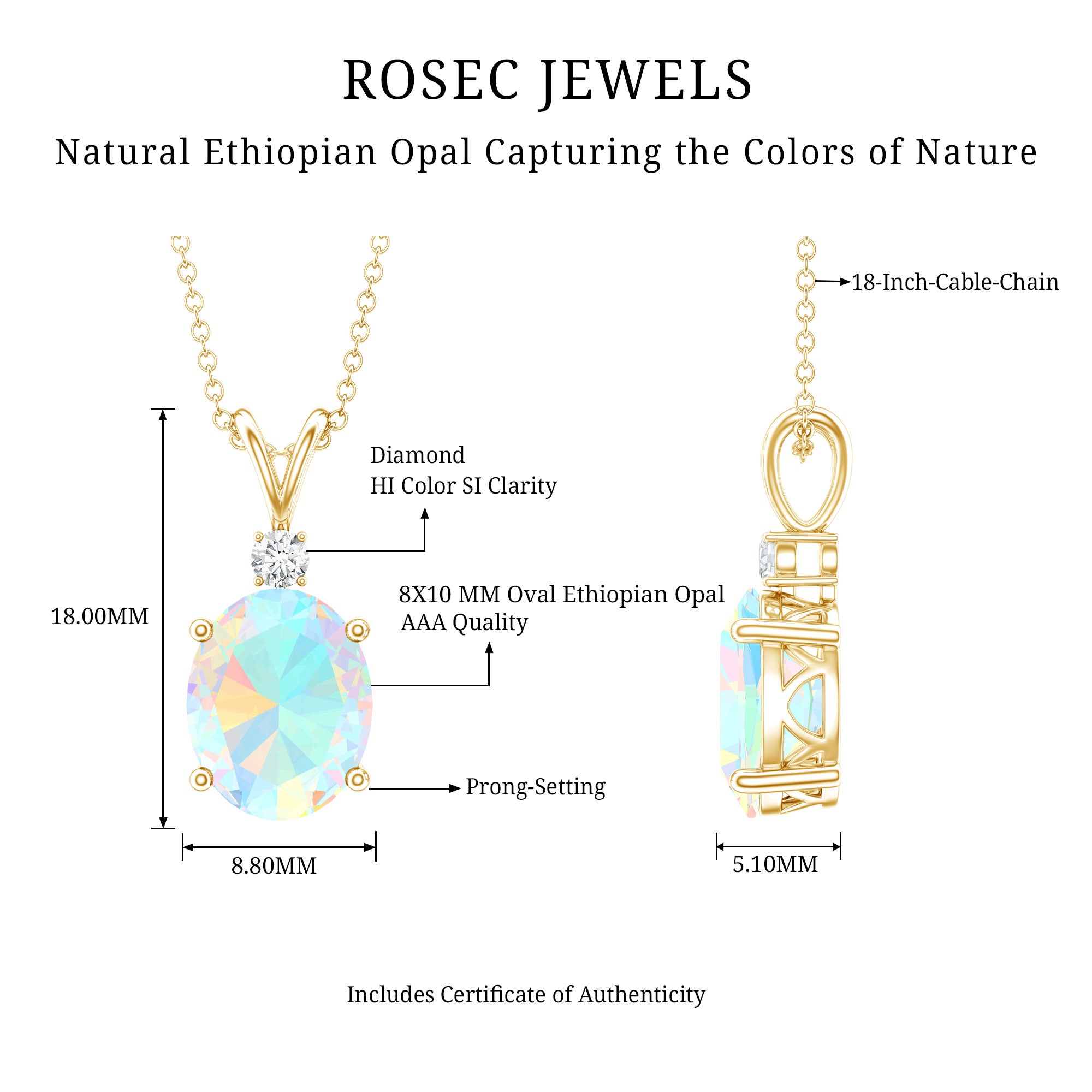 Genuine 1.3 Carat Opalescent Pendant Necklace with Diamond AAA - Rosec Jewels