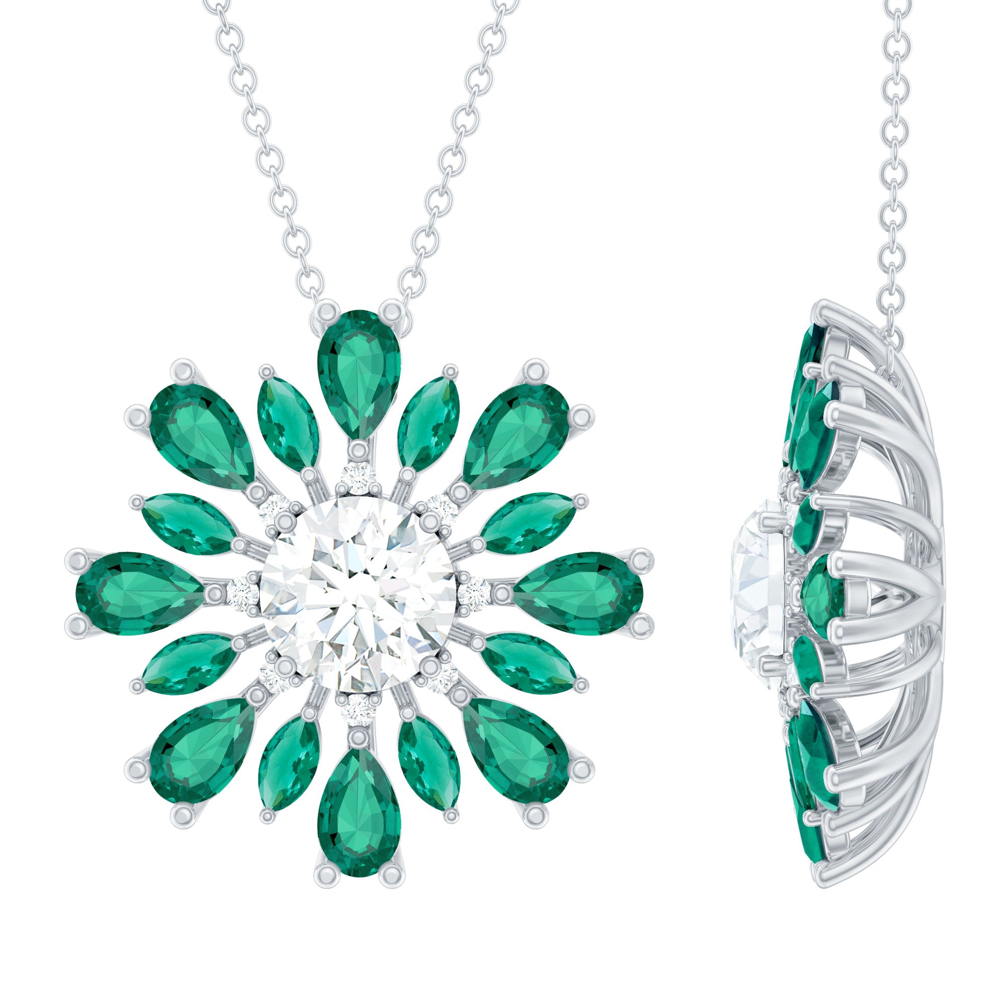 Certified 7MM Moissanite Statement Flower Necklace With Lab Emerald