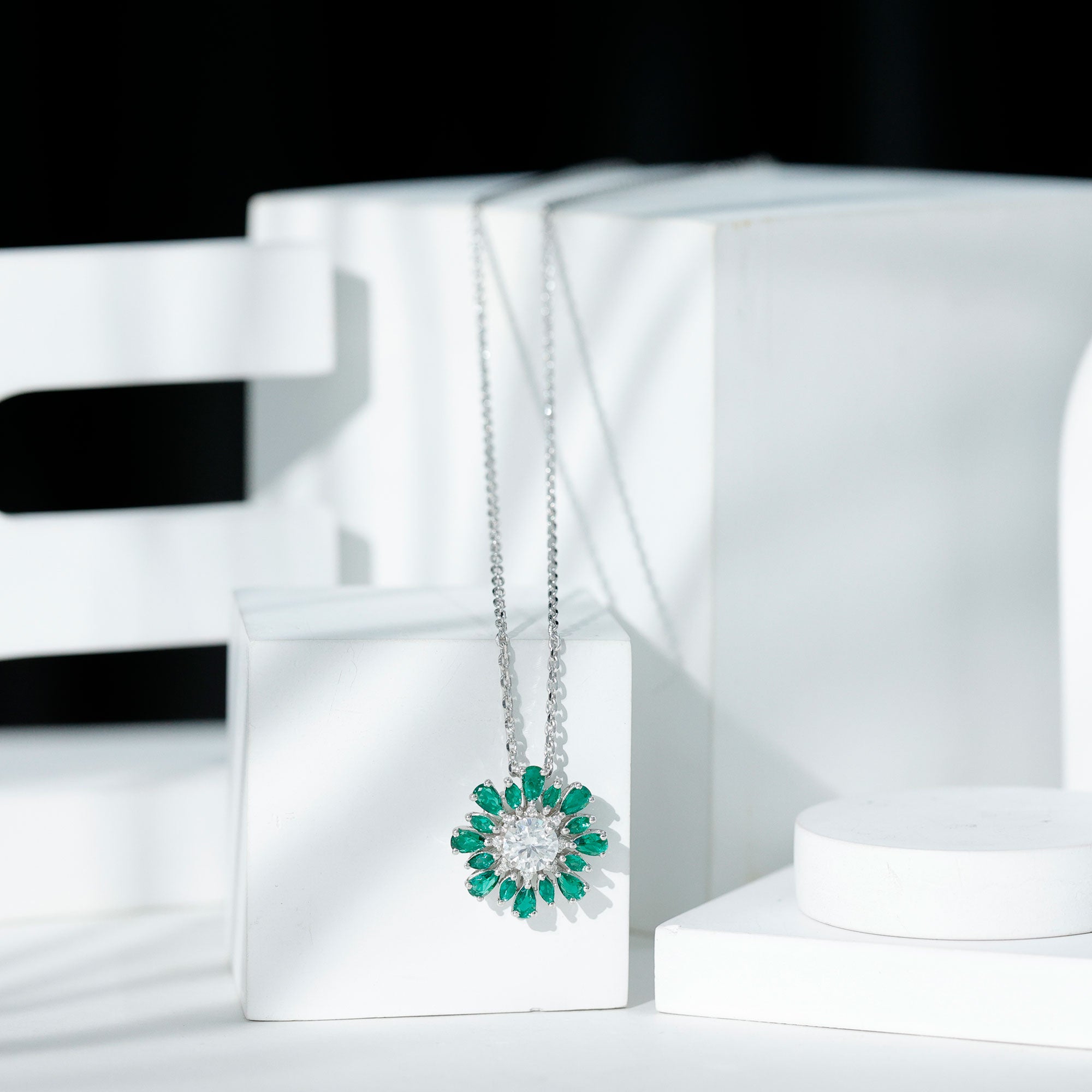 Rosec Jewels-Certified Moissanite Flower Designer Necklace With Lab Emerald
