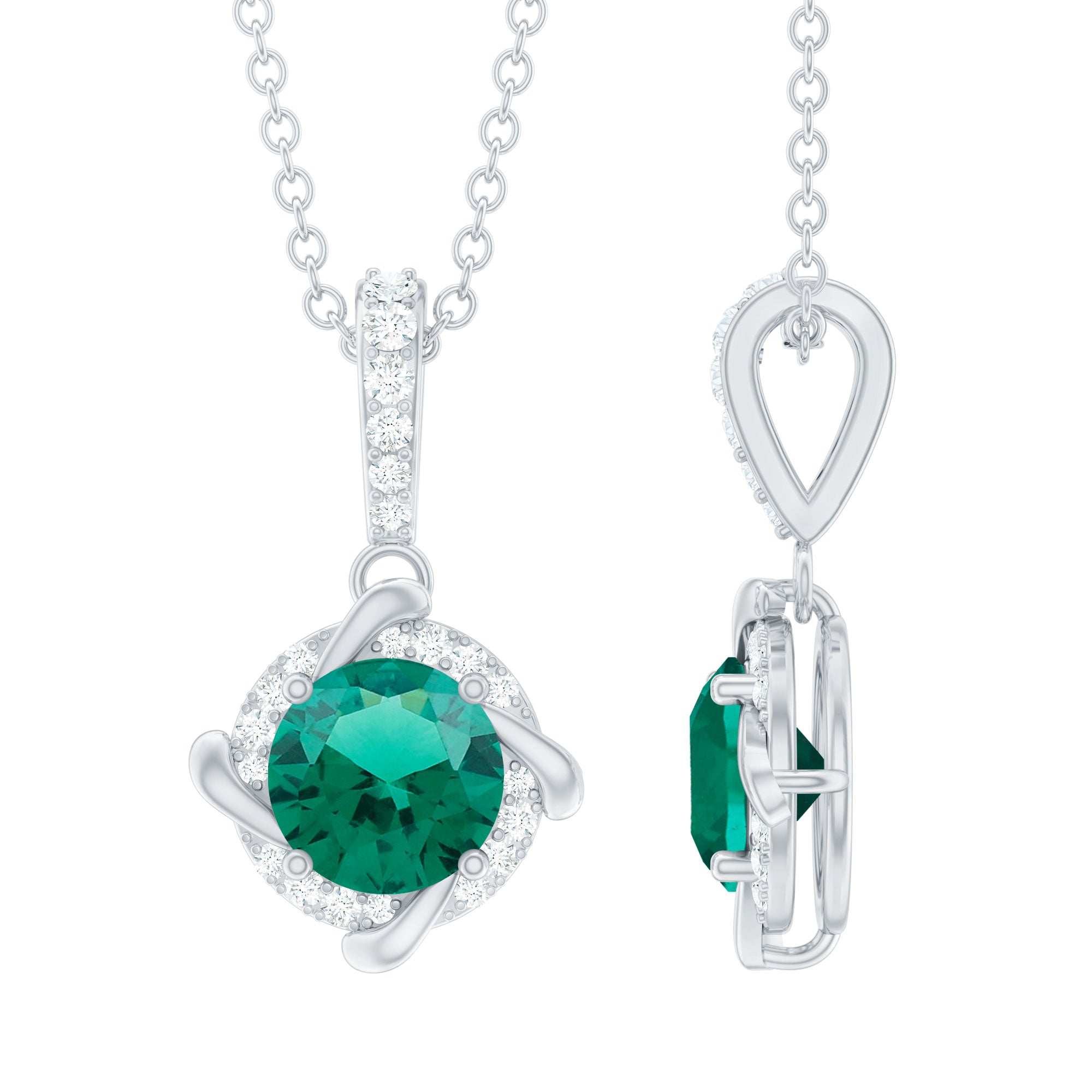 Lab Created Emerald and Moissanite Halo Necklace with Silver Chain