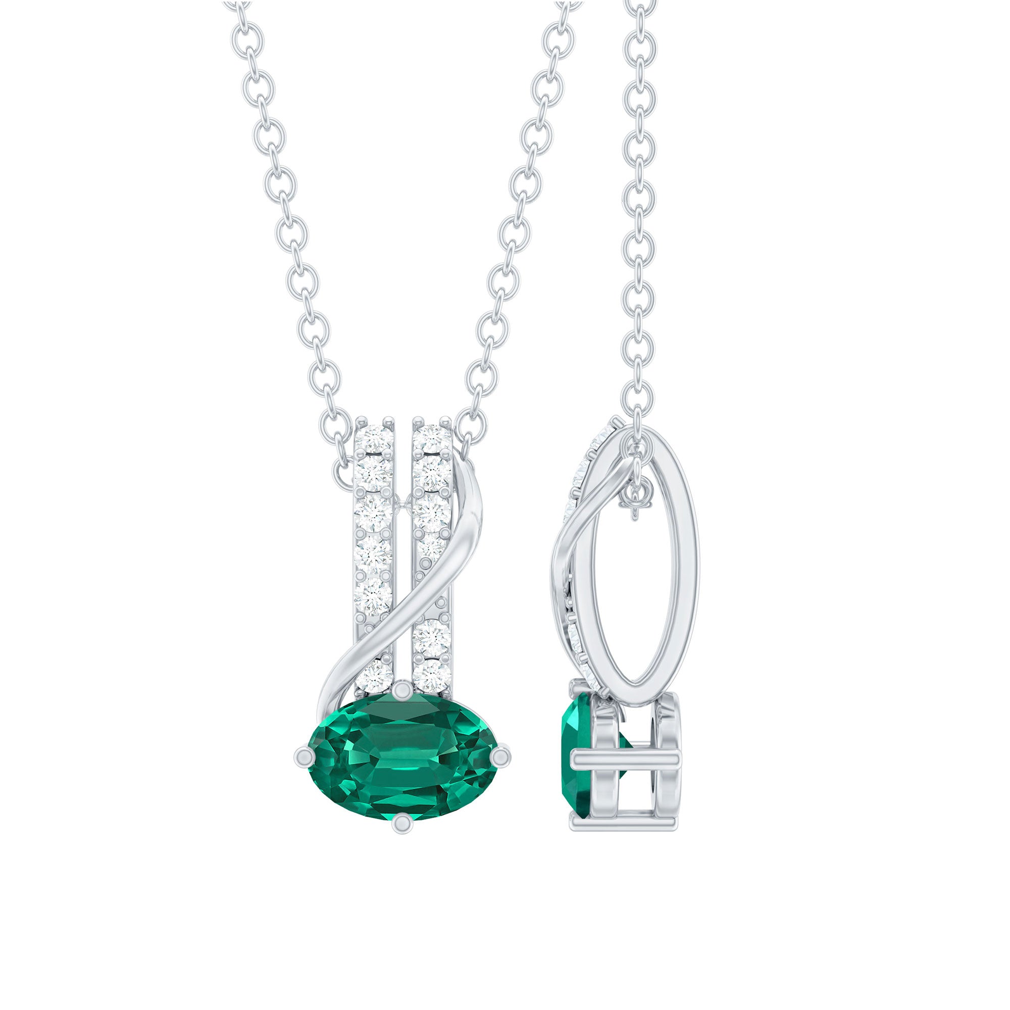 Oval Shaped Lab Emerald East West Necklace with Moissanite
