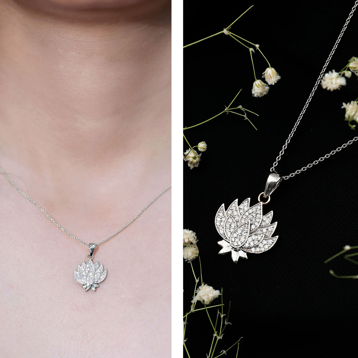 Diamond Designer Lotus Flower Necklace Lab - ( EF-VS ) - Rosec Jewels