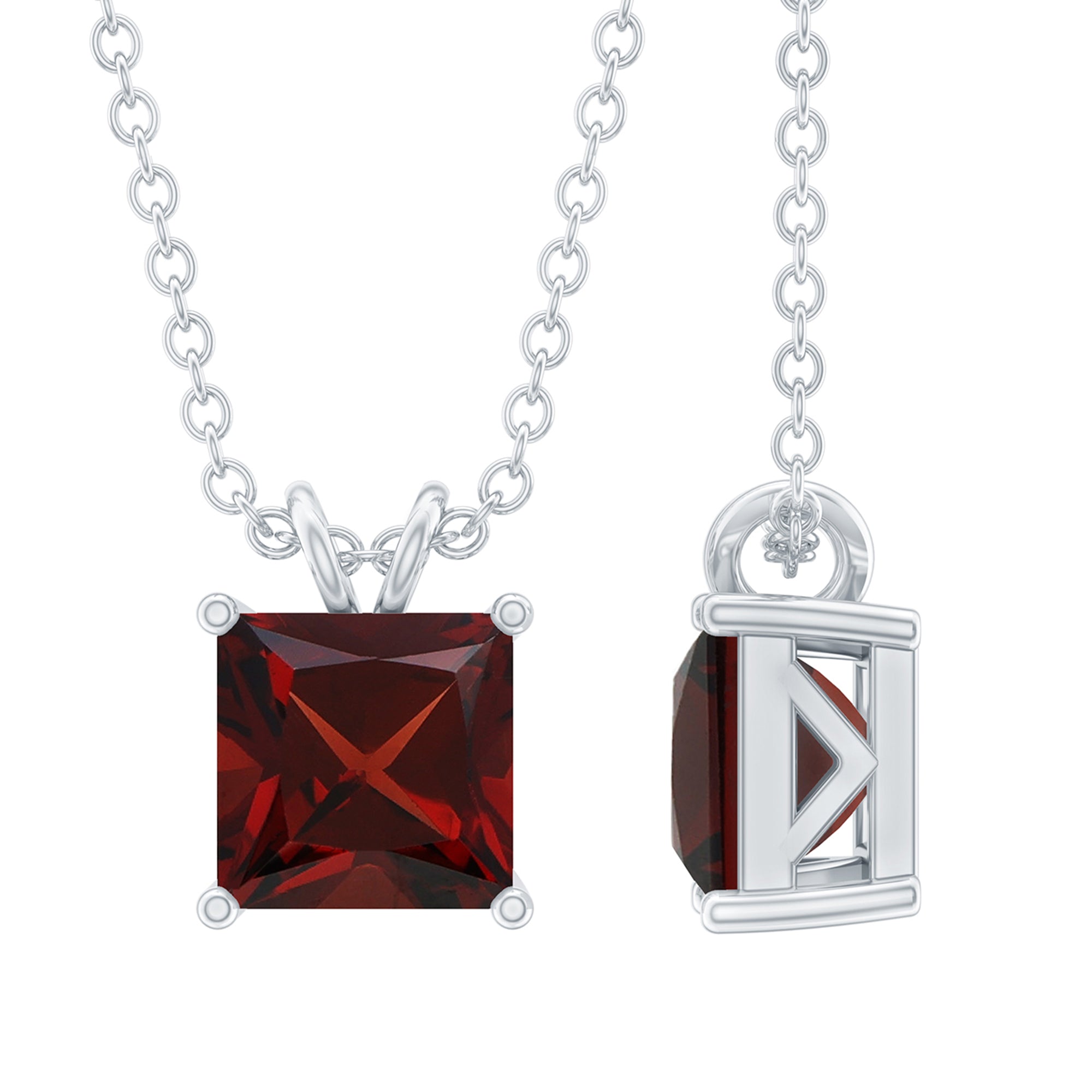 Solitaire 6 MM Garnet Princess Cut Pendant Necklace with Chain