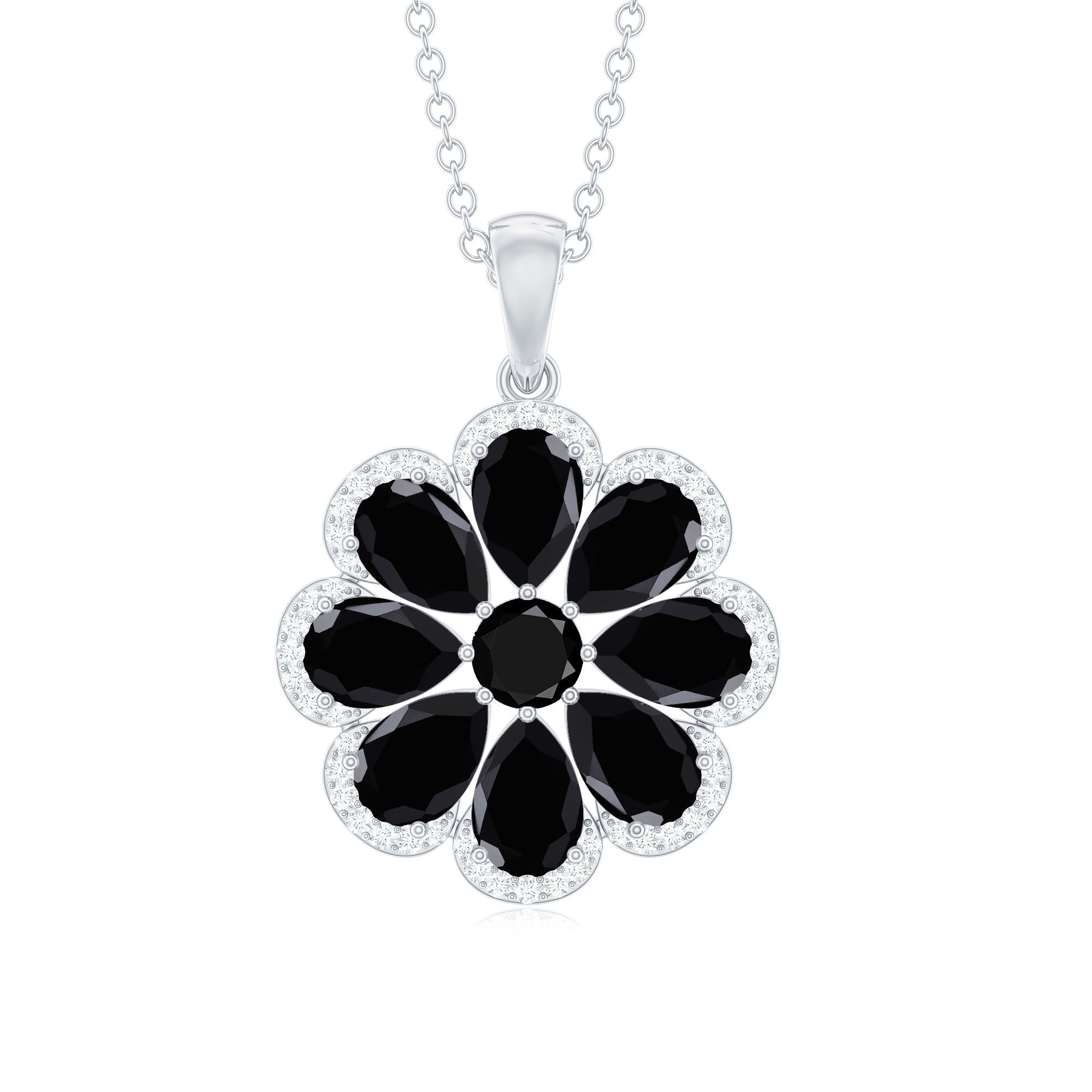 Certified Black Spinel Flower Necklace with Moissanite Halo AAA - Rosec Jewels