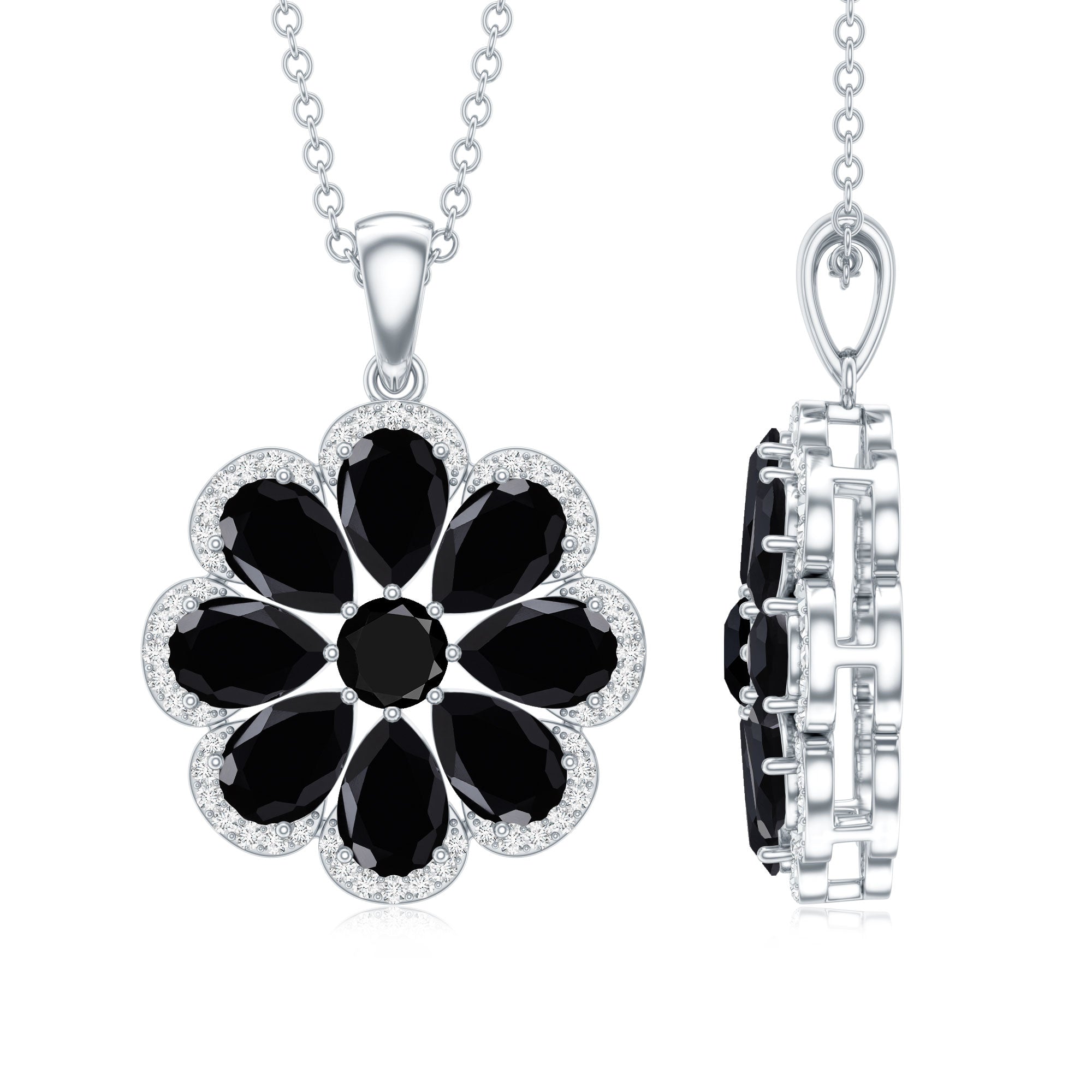 Certified Black Spinel Flower Necklace with Moissanite Halo AAA - Rosec Jewels