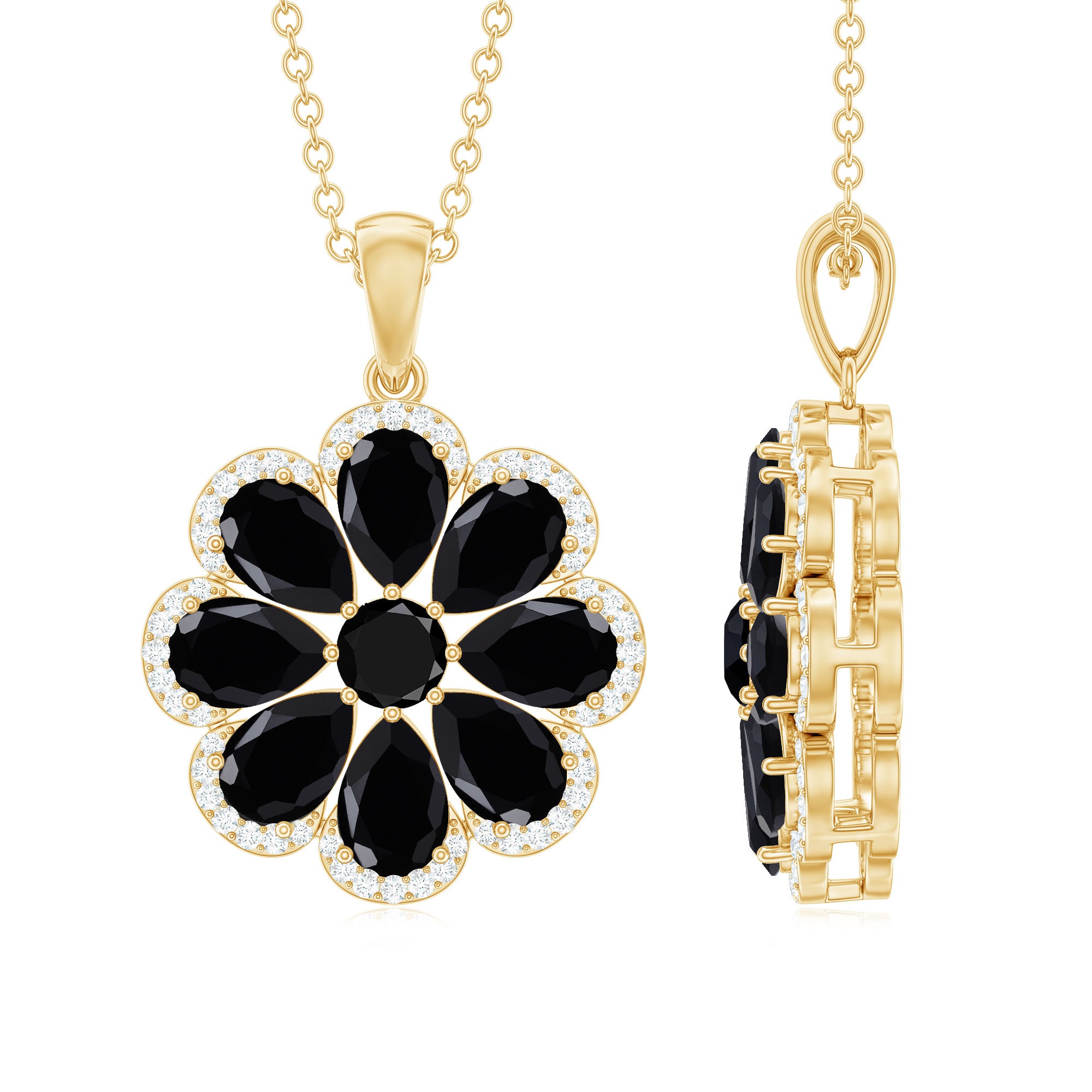Certified Black Spinel Flower Necklace with Moissanite Halo AAA - Rosec Jewels