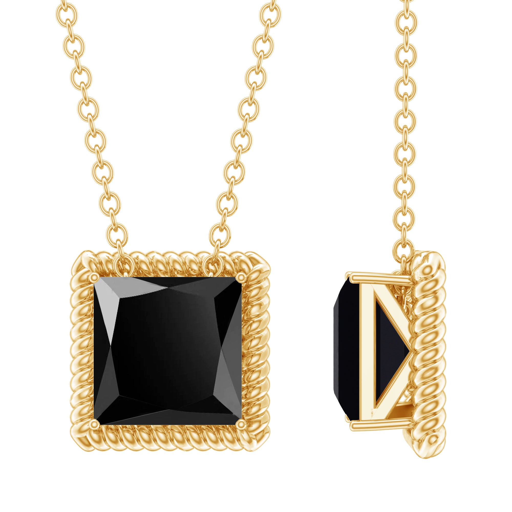 Princess Cut Lab Created Black Diamond Solitaire Necklace with Rope Frame